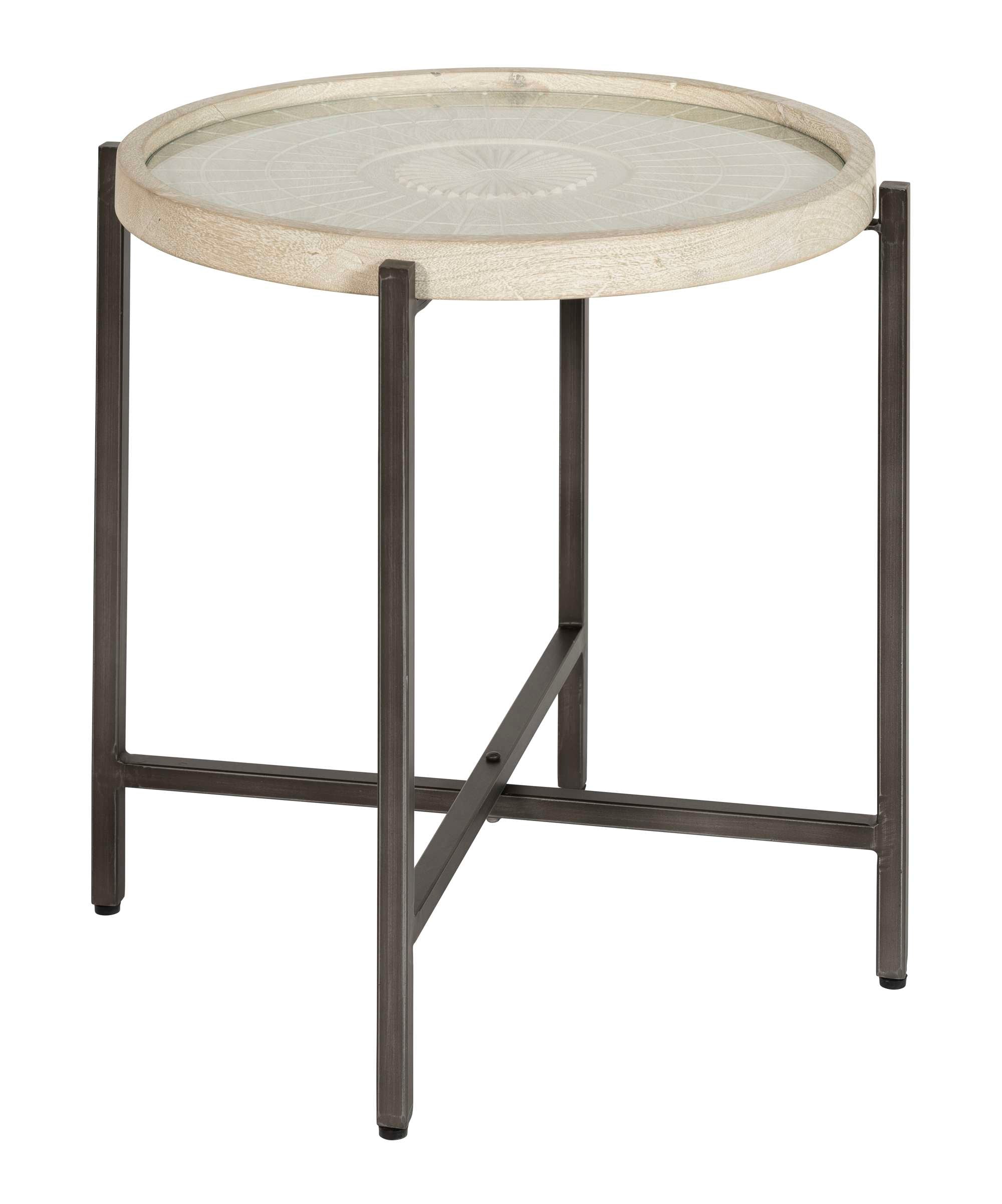 Round end table with carved sunburst top, raised gallery edge, dark gray metal base with stretcher support