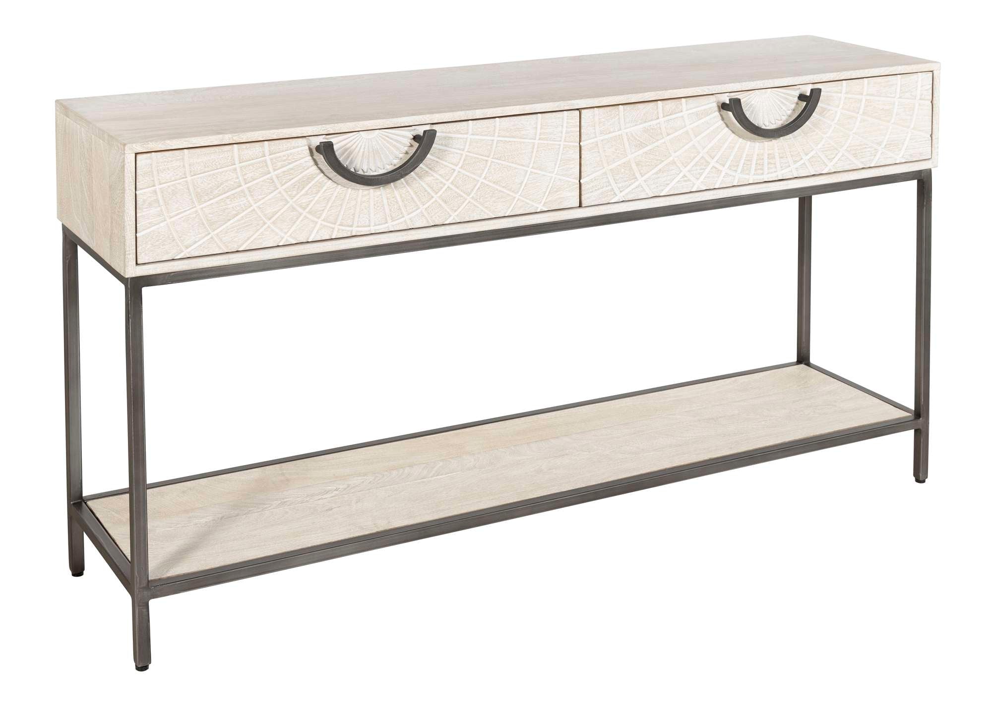 Sofa table with two sunburst carved drawers, rectangular wood top, and square metal frame base with lower shelf