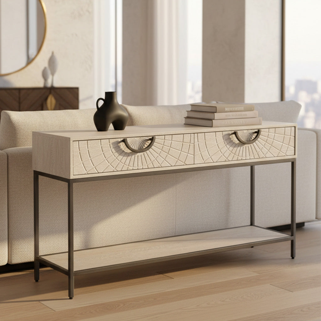 Light wood sofa table with two sunburst carved drawers, black metal frame base with lower shelf in bright living room