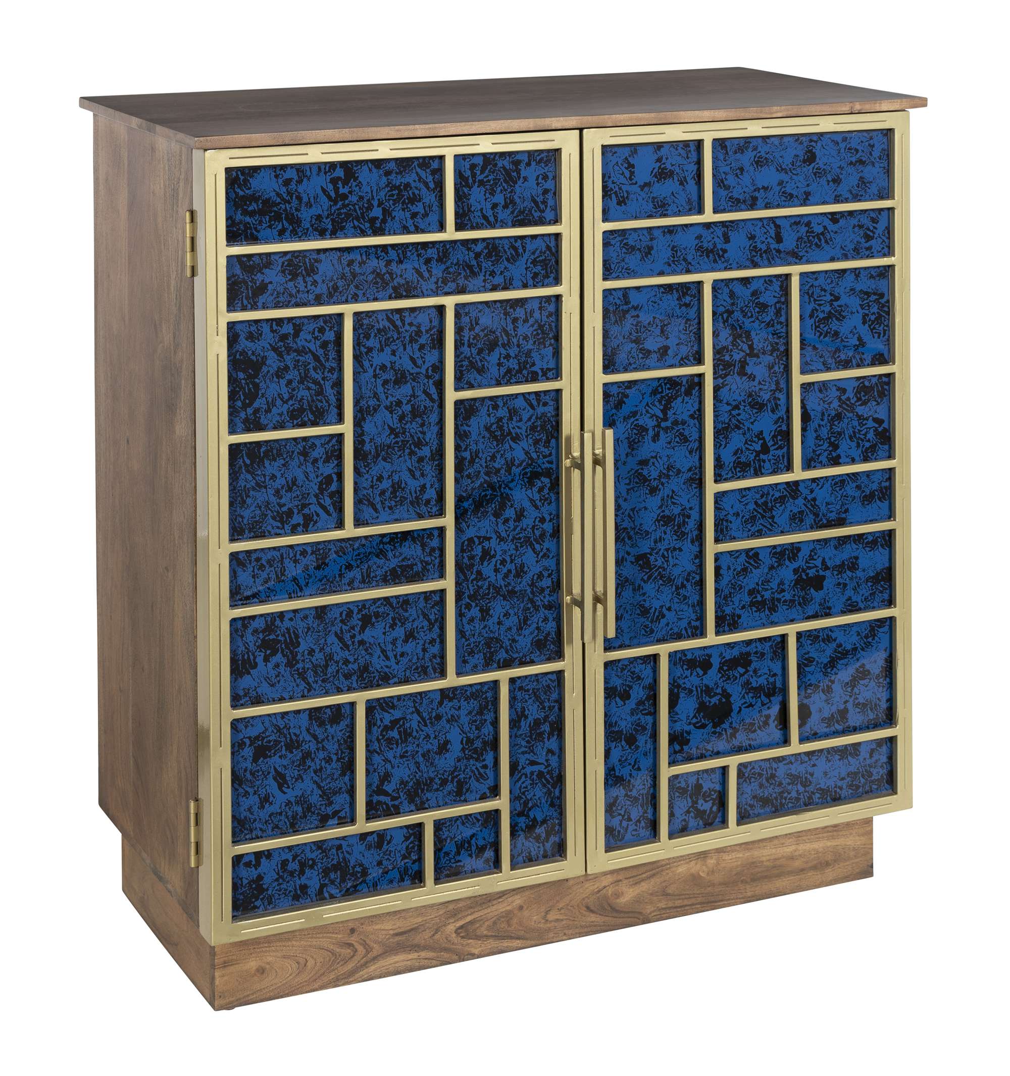 Acacia wood accent cabinet with brass framed doors featuring geometric blue glass panels and vertical handles