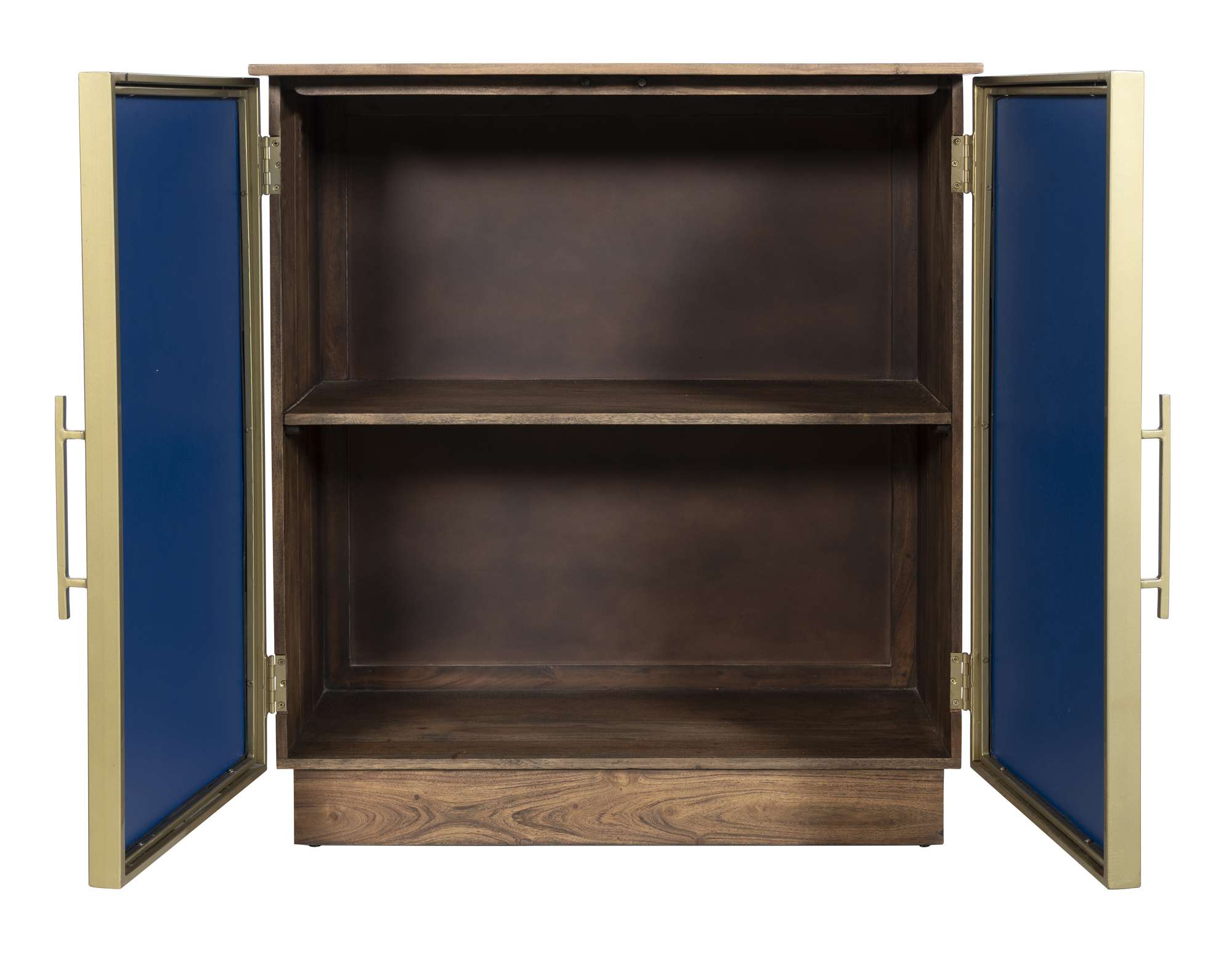 Acacia accent cabinet with brass framed blue glass doors and internal shelf for stylish storage solution