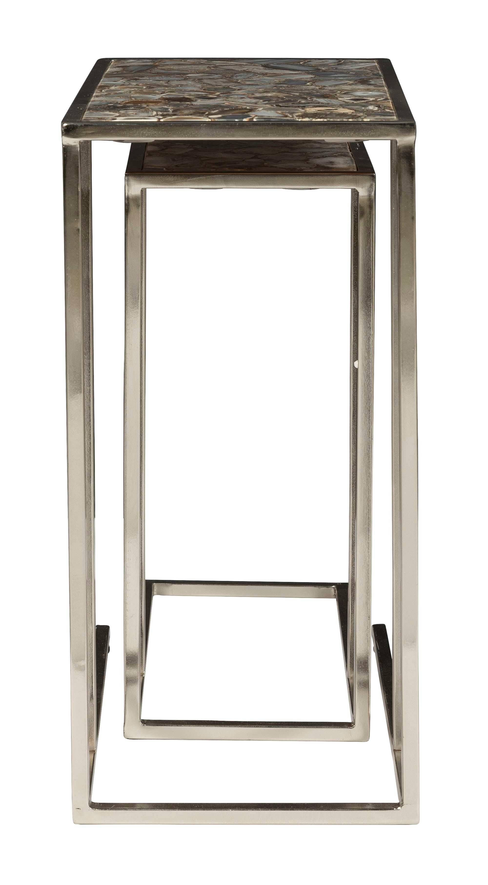 Set of two nesting tables with rectangular patterned agate tops and sleek nickel metal frames in modern design