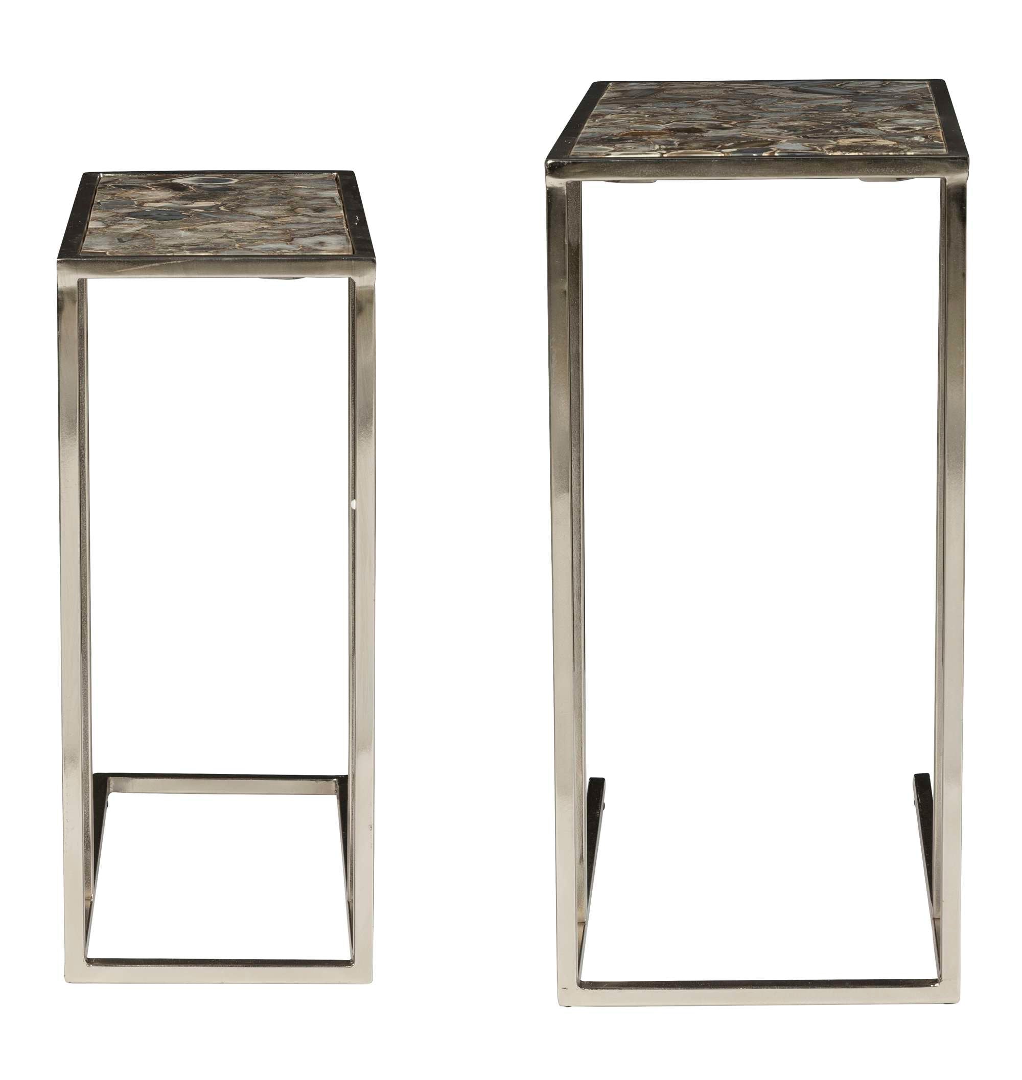 Set of two nesting tables with rectangular multicolored agate tops and polished nickel metal bases