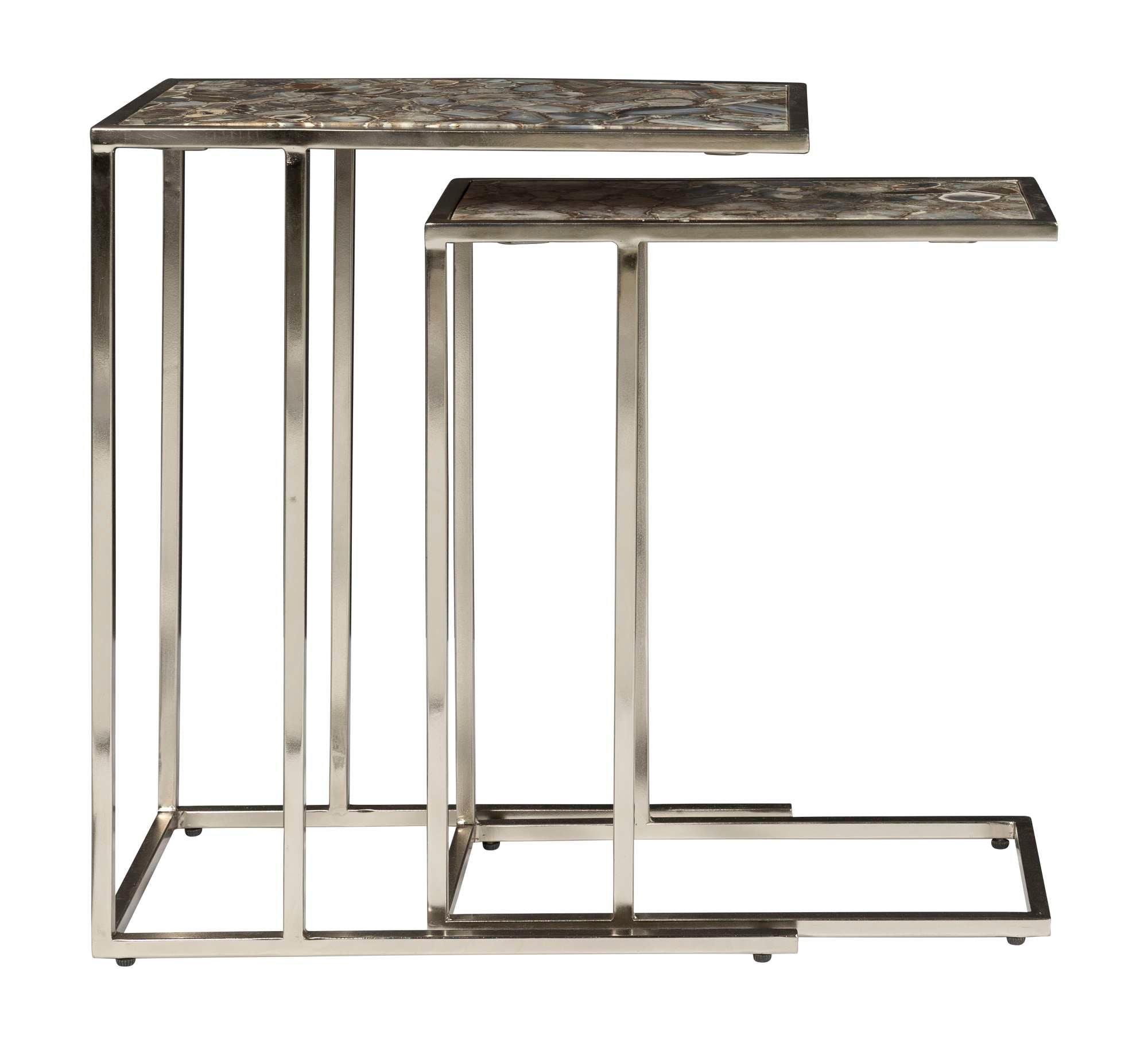 Set of two nesting tables with rectangular agate tops and sleek nickel metal frames for modern style and function