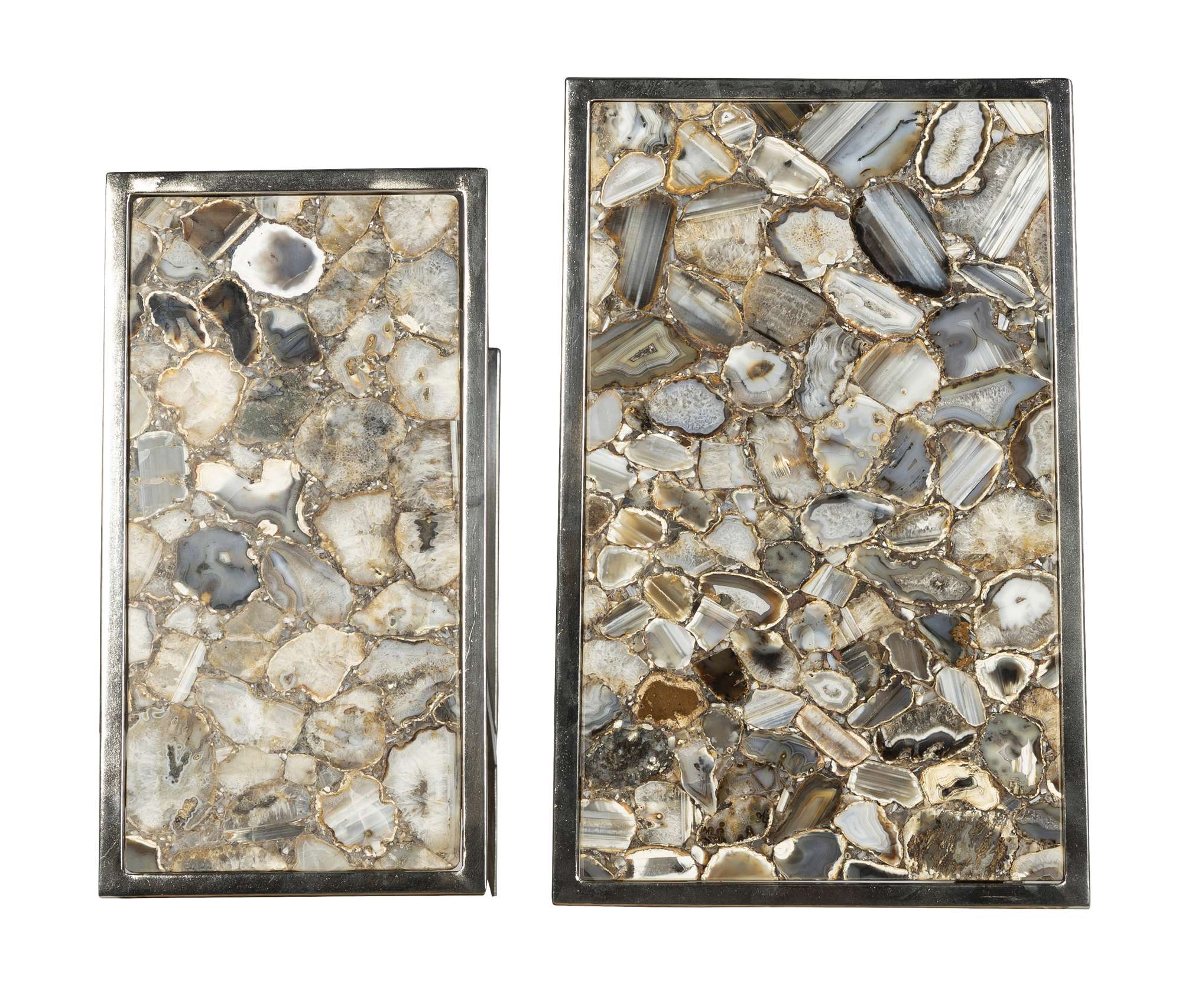 Set of two nesting tables with rectangular agate tops and sleek nickel metal bases in modern style