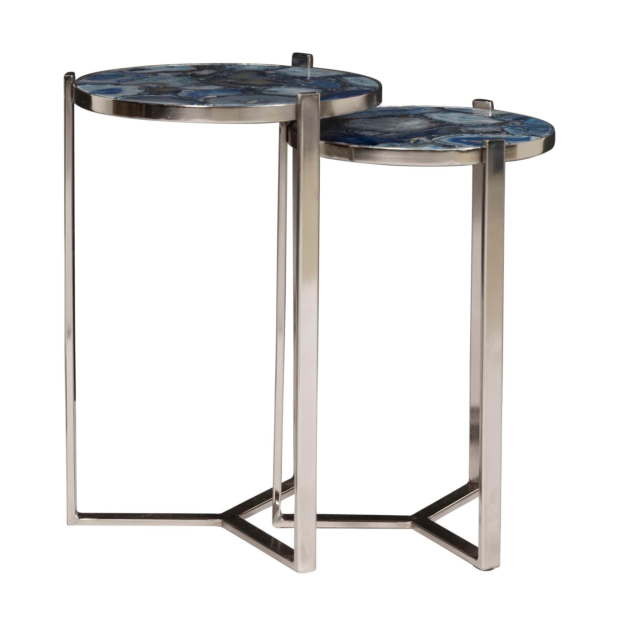 Set of two nesting tables with round blue agate tops and sleek nickel metal frames for modern style and function