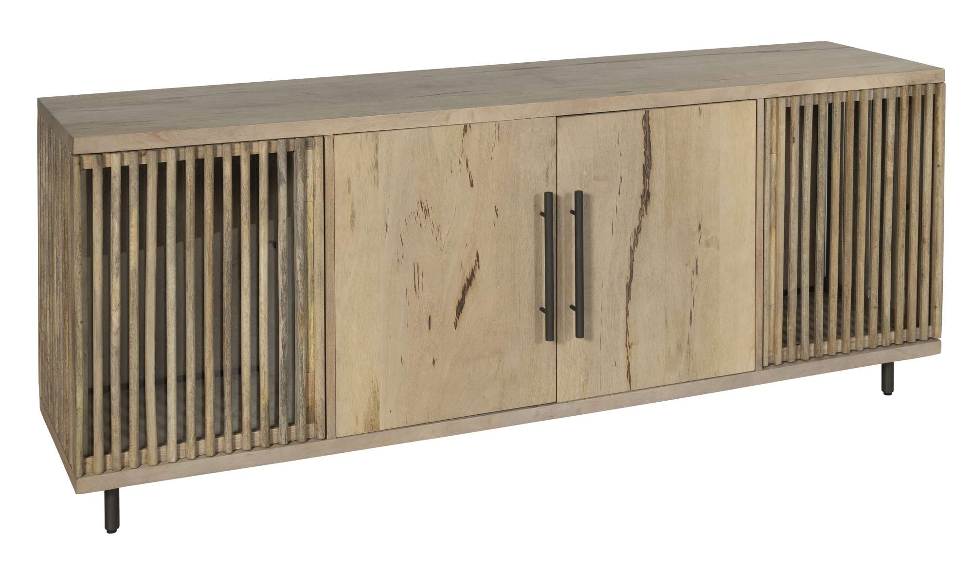 Entertainment console with natural wood finish, framed grid doors on sides, central doors, and metal handles on slim legs