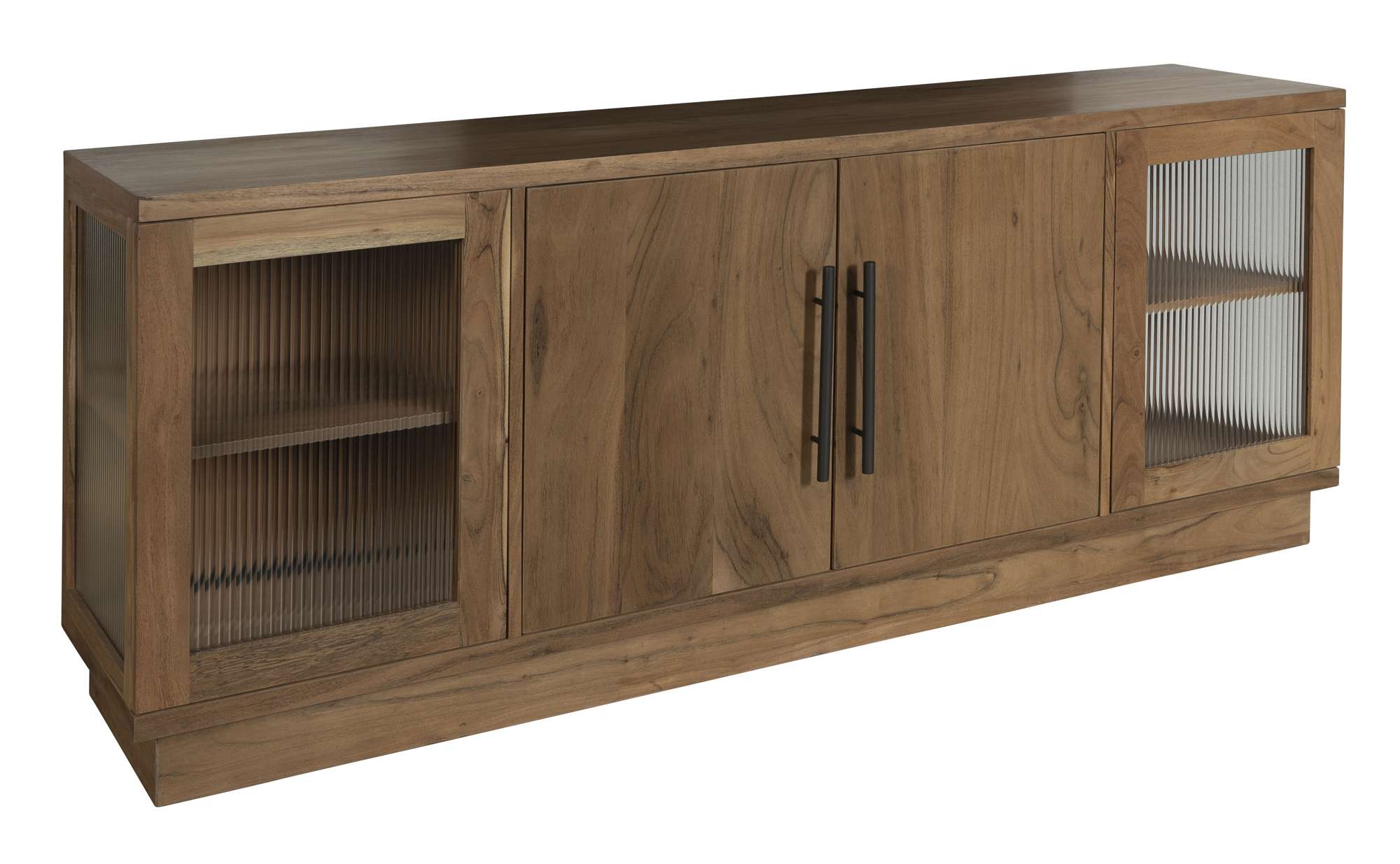 Entertainment console with natural wood finish, ribbed glass side doors, central storage, black metal handles, and backlight strips inside