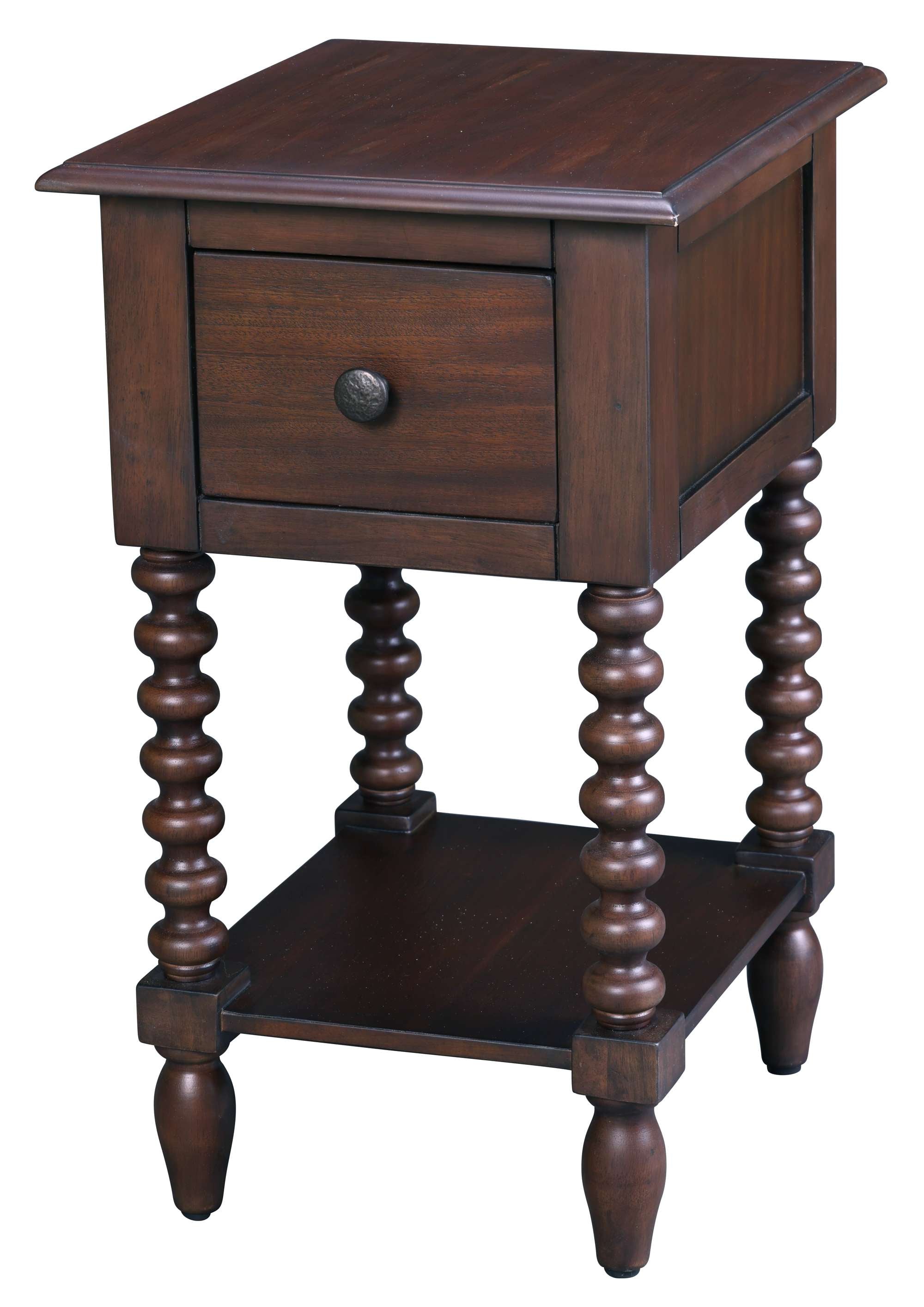 Single Drawer End Table with turned wooden legs, dark wood finish, lower shelf, and classic design for versatile use