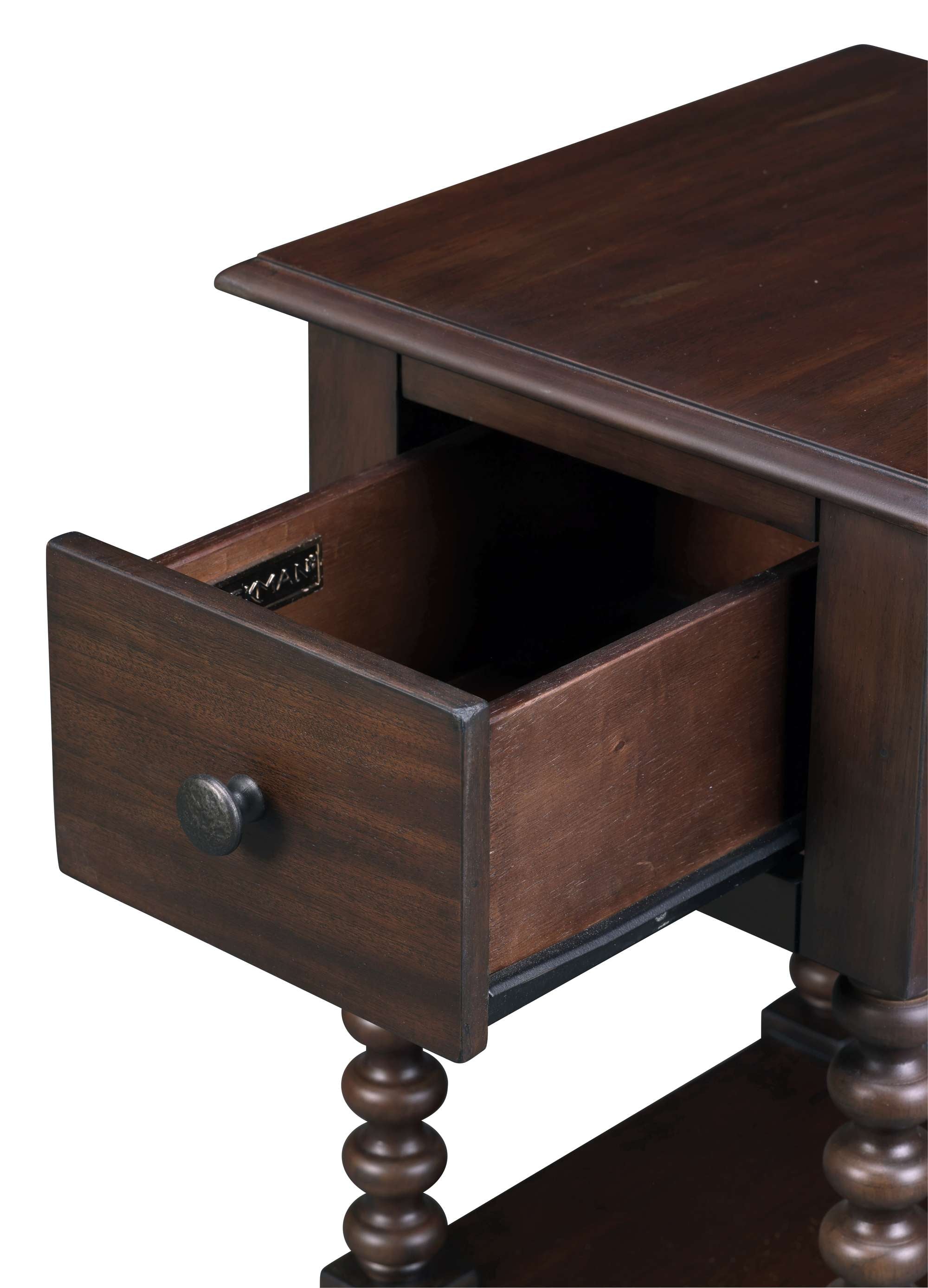 Single drawer end table with dark wood finish, turned legs, and an open drawer showcasing interior storage space