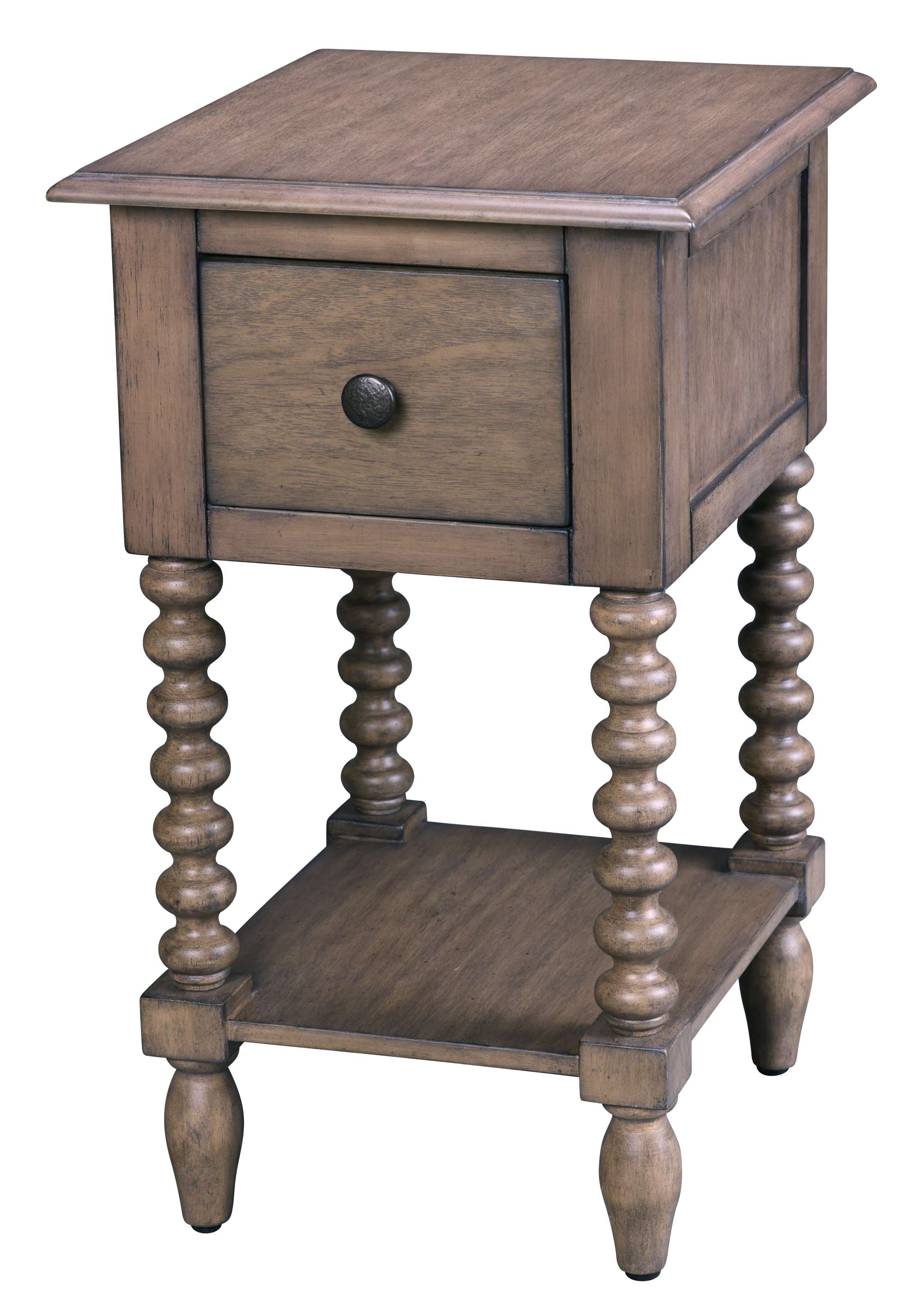 Single drawer end table with turned wood legs, lower shelf, and warm brown finish for classic style and storage