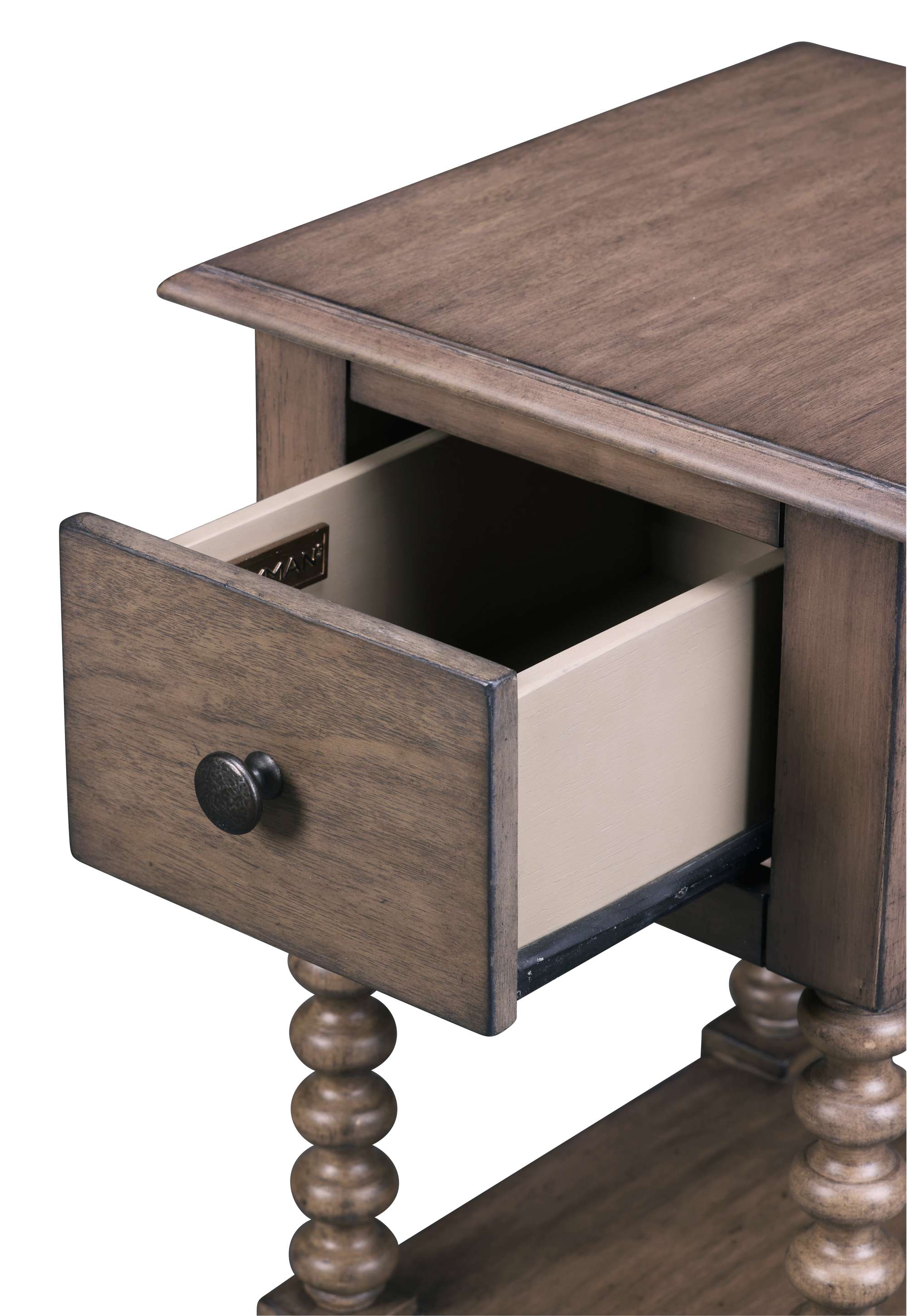 Single drawer end table with turned wood legs and dark wood finish drawer open to show storage interior
