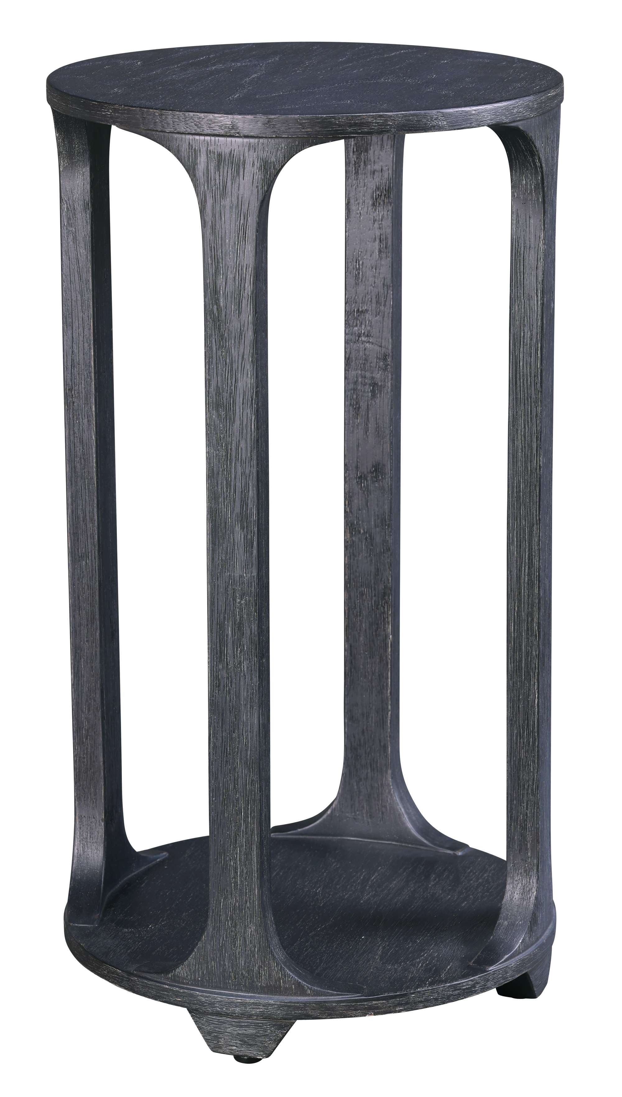 Round pedestal table with dark wood finish, open vertical supports, and circular top and base for modern style