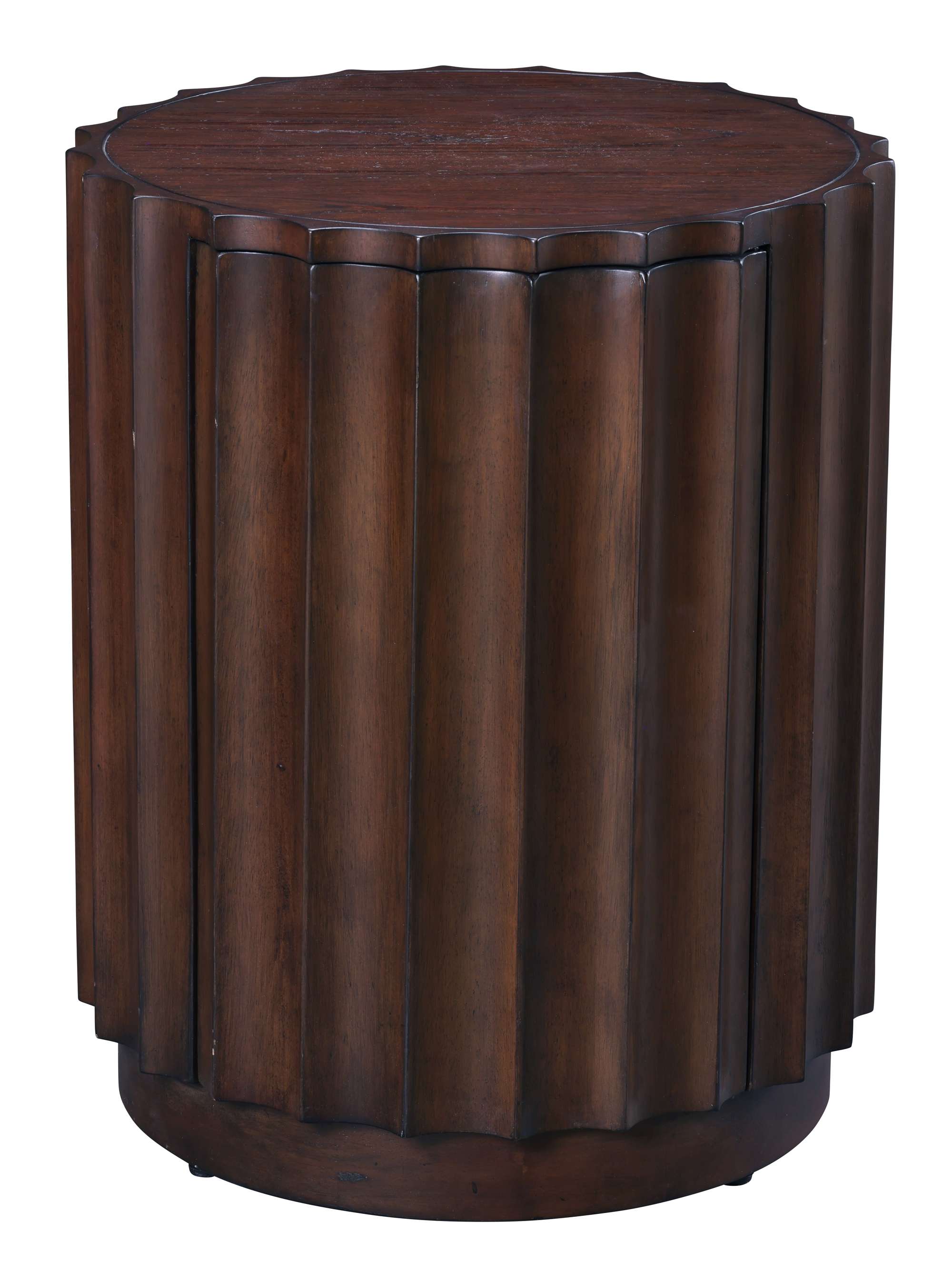 Round pedestal table with dark wood finish and vertical ribbed design for a modern rustic look