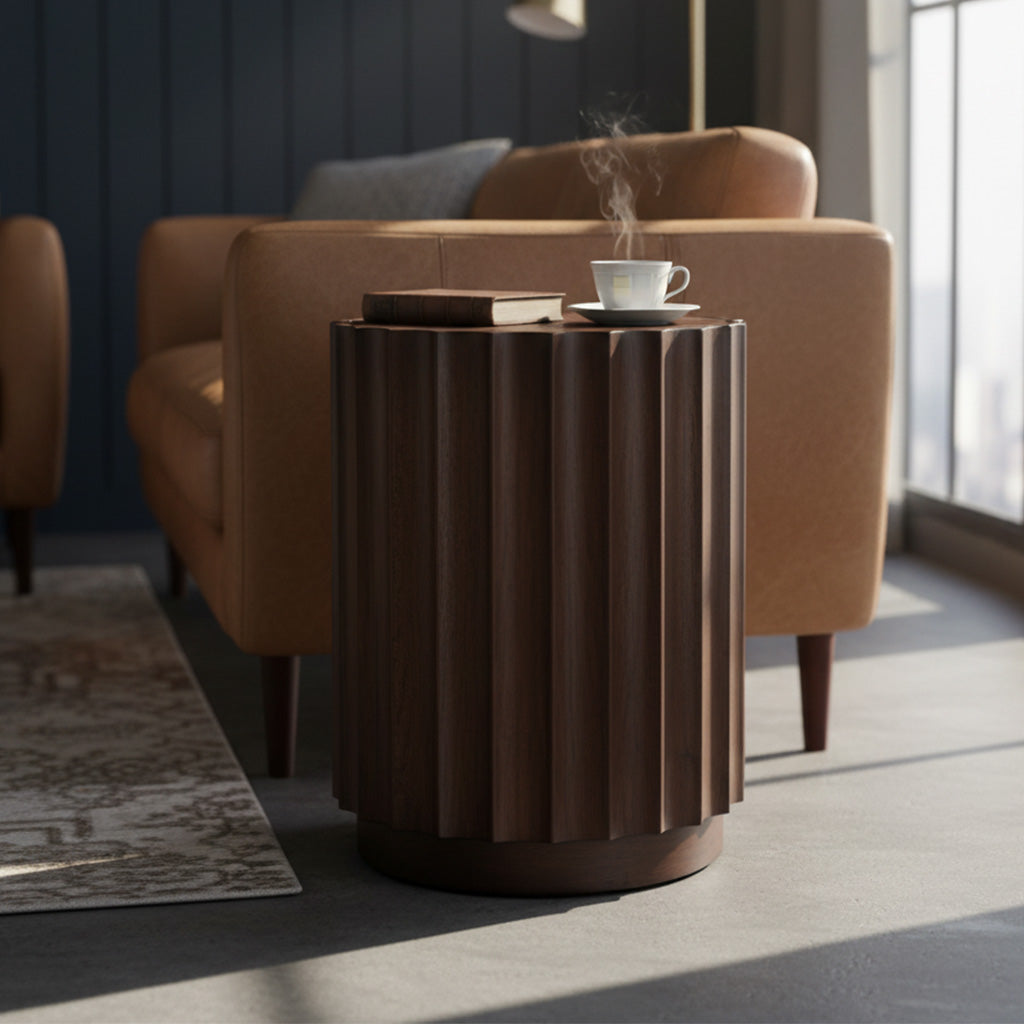 Round pedestal table with dark wood fluted base and smooth round top holding a book and steaming cup of coffee