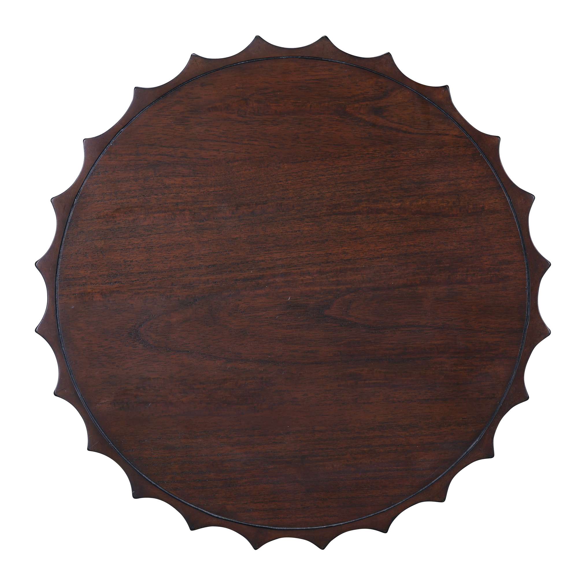 Round pedestal table top with dark wood finish and scalloped edge detailing for classic style and elegance