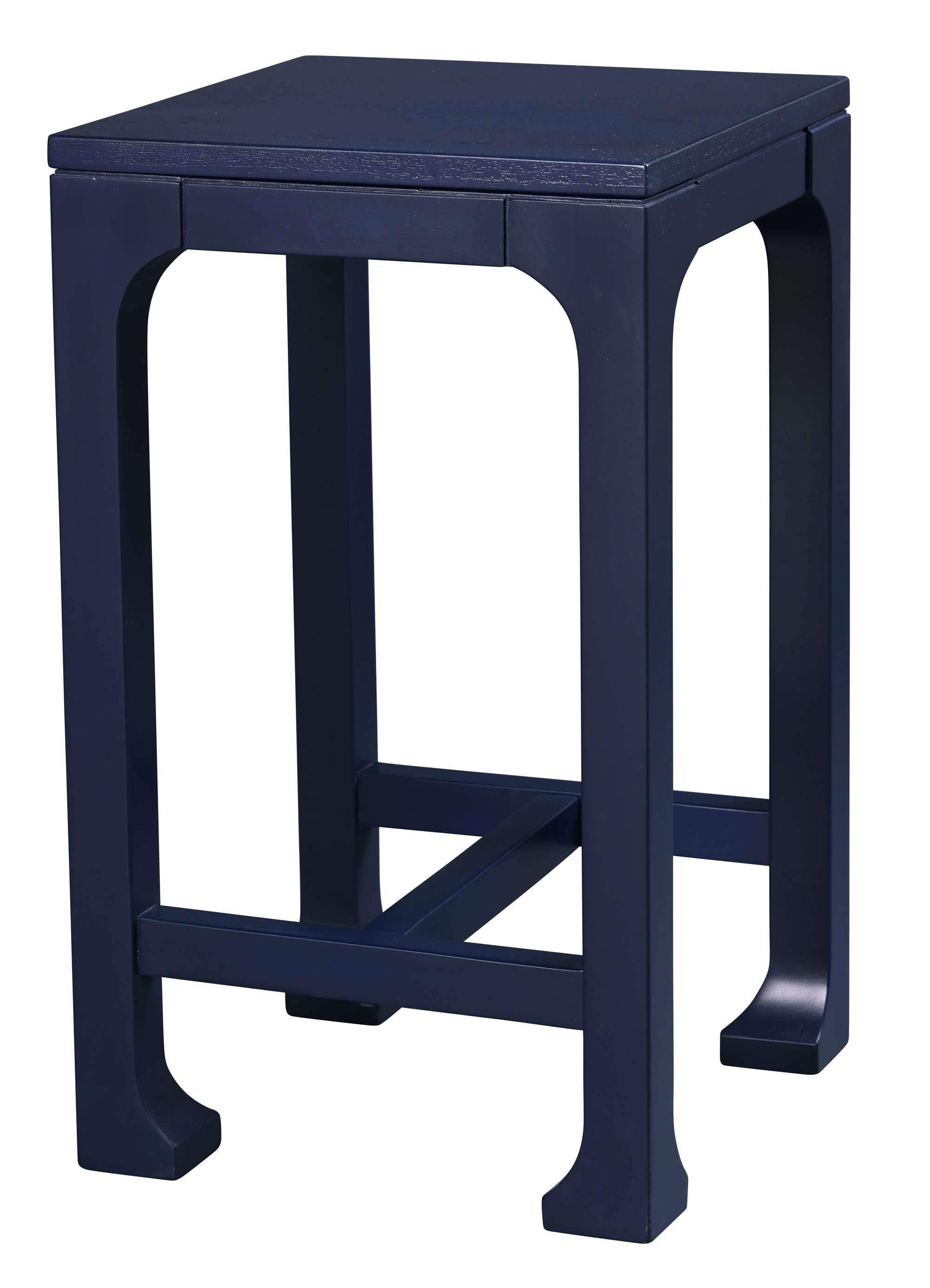 Square navy blue accent table with curved legs and crossbar support in a minimalist modern design