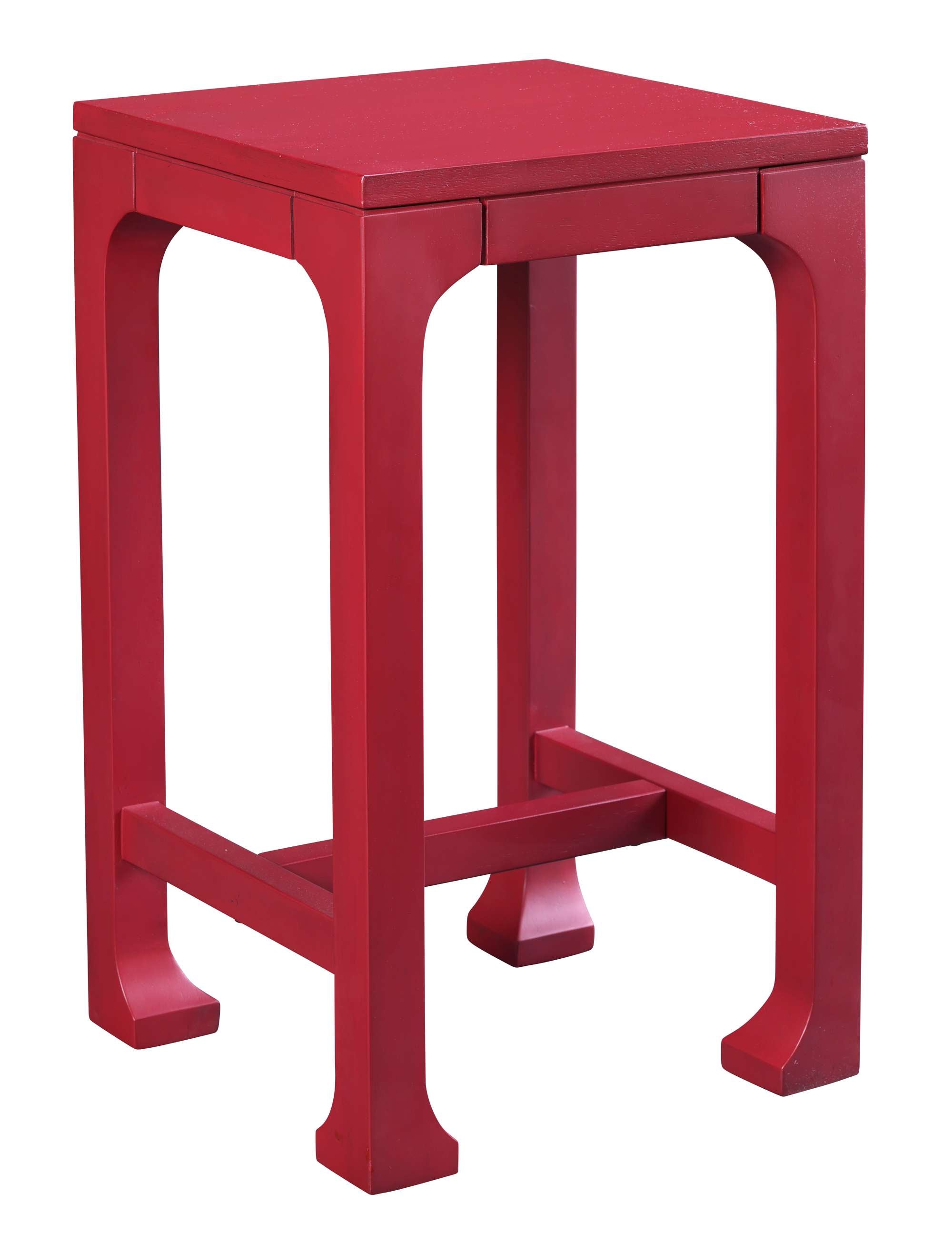 Red wooden accent table with square top and sturdy legs featuring classic curved design elements