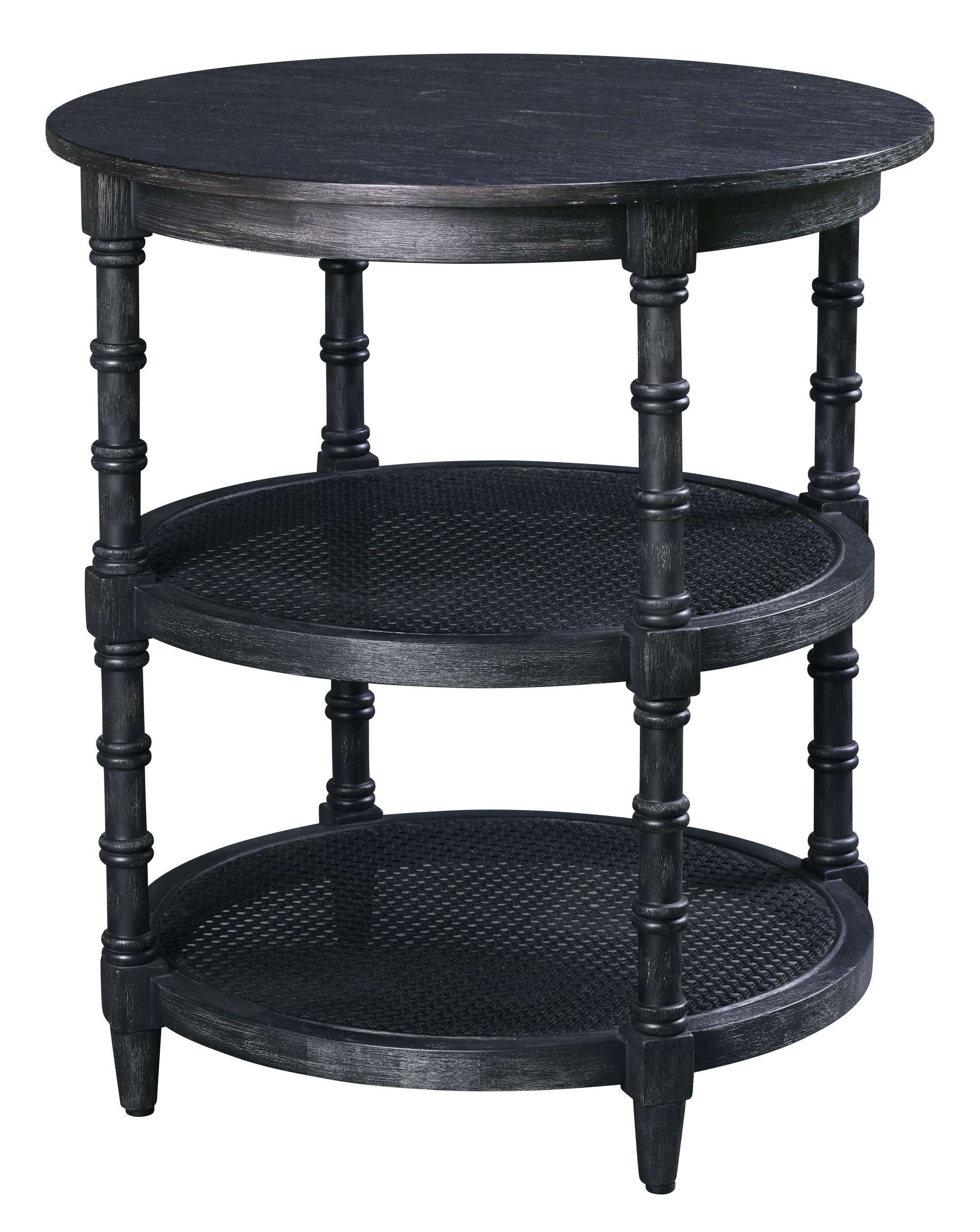Round end table with three round tiers, turned legs, textured lower shelves, and dark wood finish in classic style