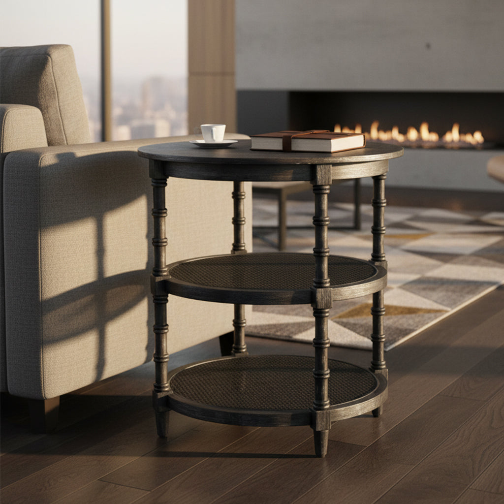 Round end table with three tiers, dark wood finish, and decorative turned legs beside a beige sofa in living room
