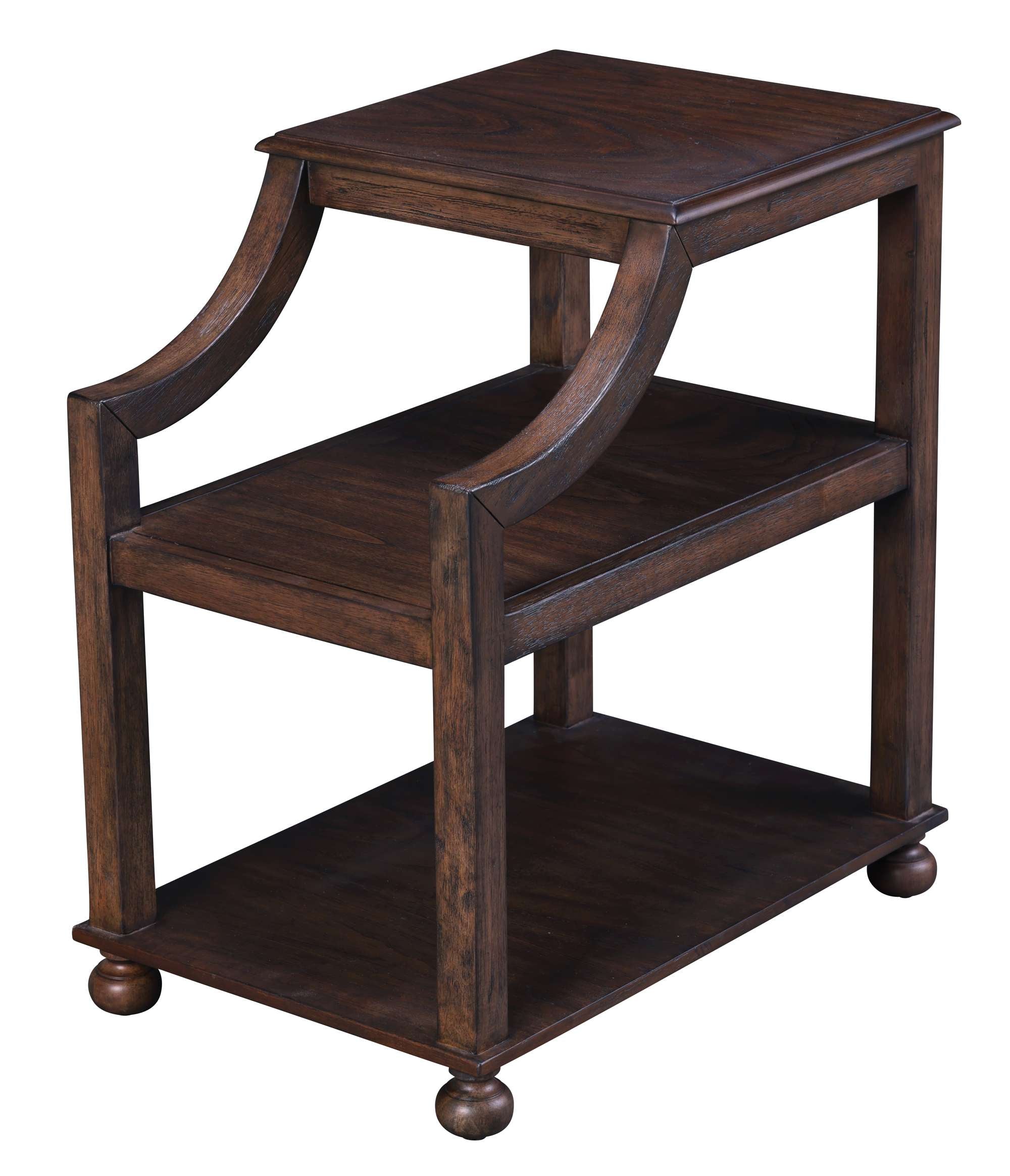 Wooden chairside table with three-tier shelving, curved side supports, and rounded feet in warm brown finish