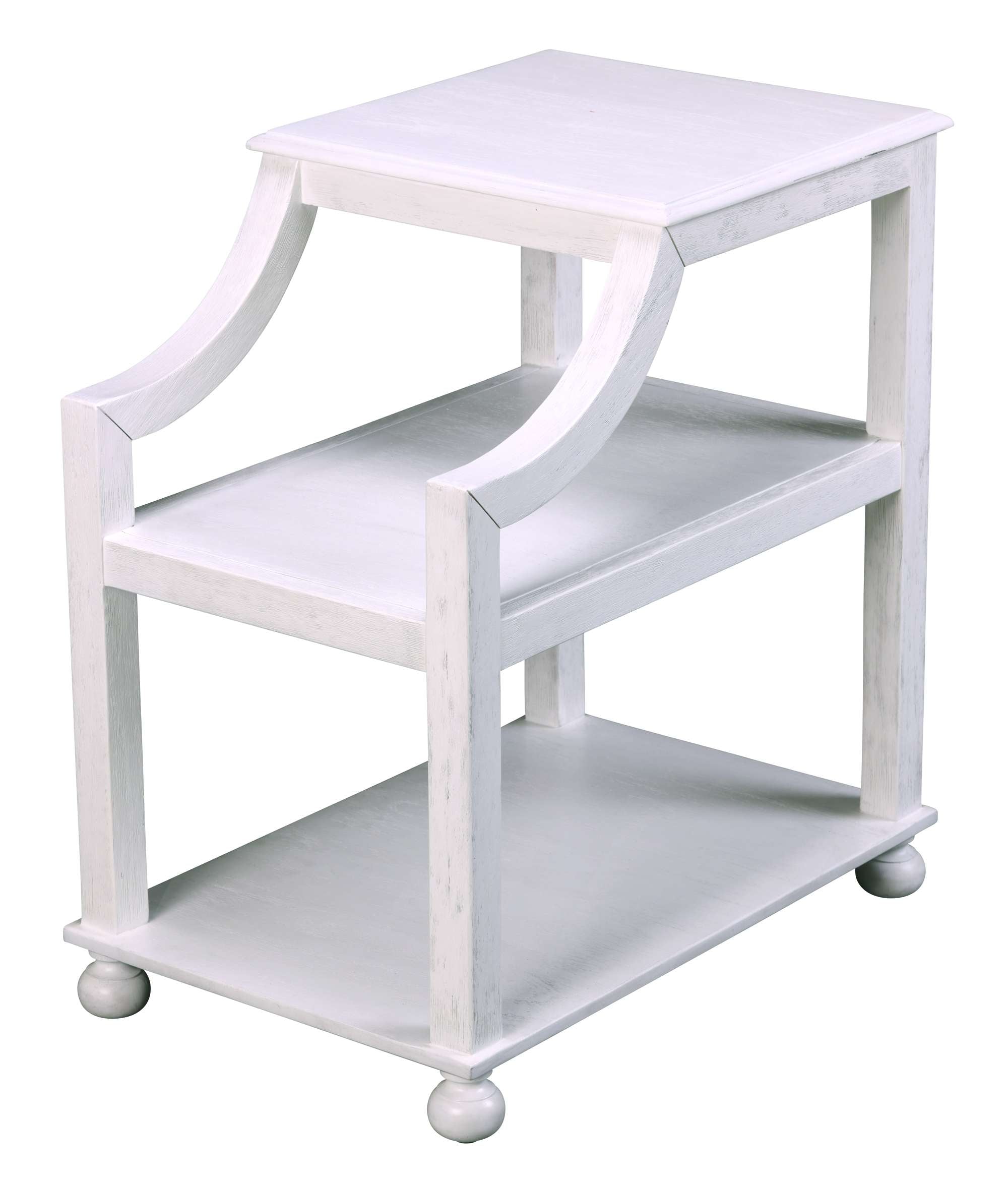 White wooden chairside table with two shelves, curved side supports, and round ball feet for classic style and storage