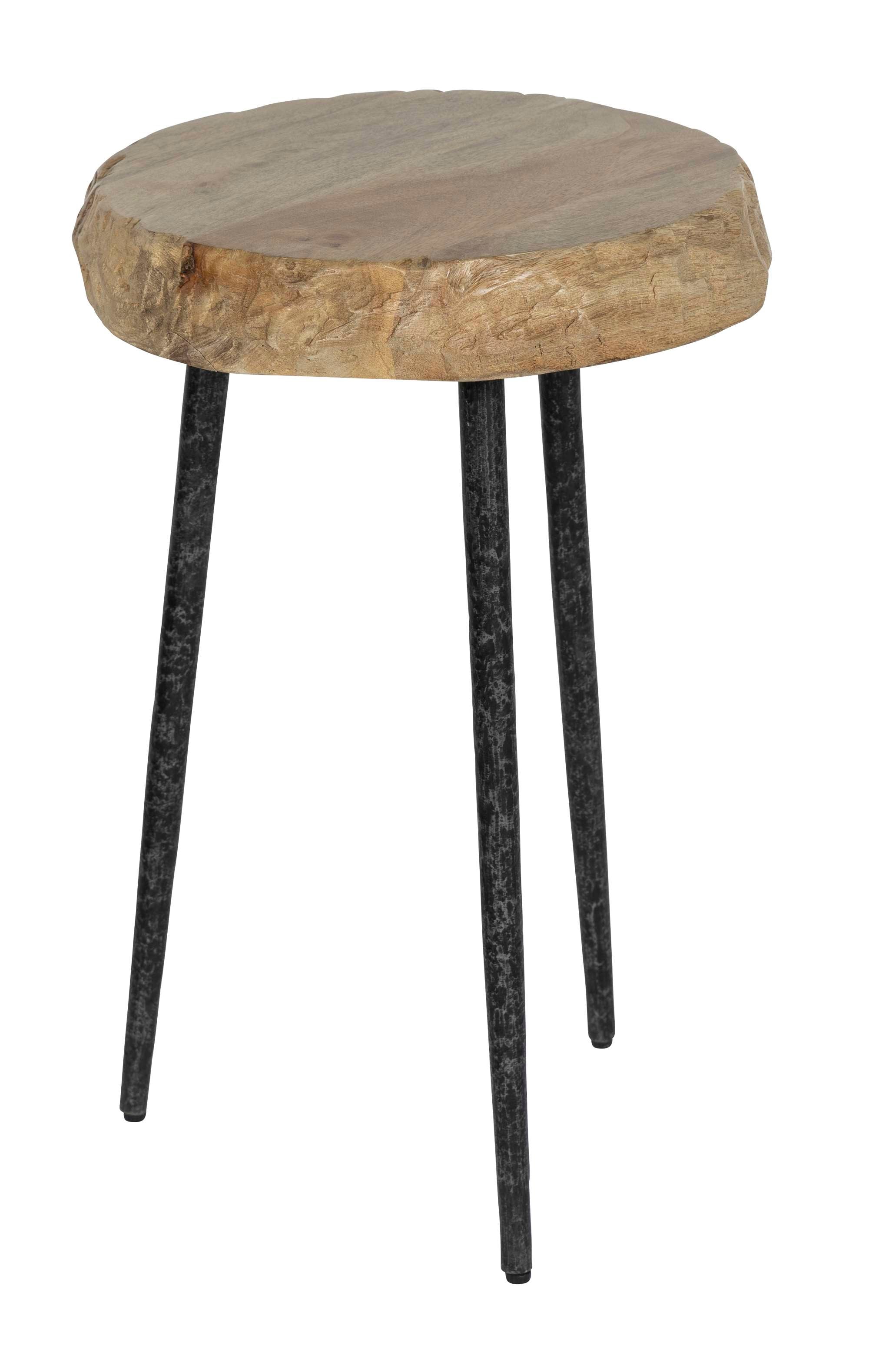 Round live edge mango wood accent table with natural finish top and slender charcoal steel legs