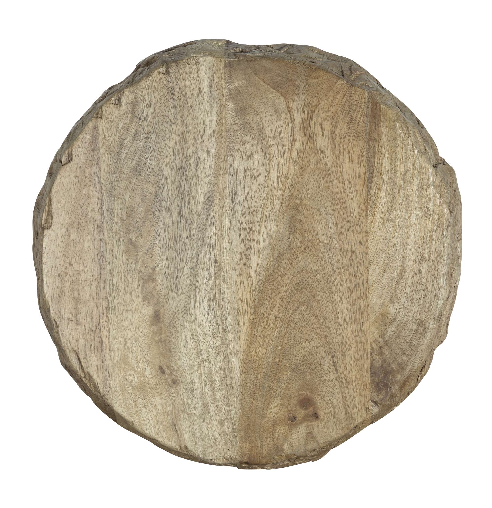 Round live edge mango wood accent table top with natural finish showing wood grain and texture details