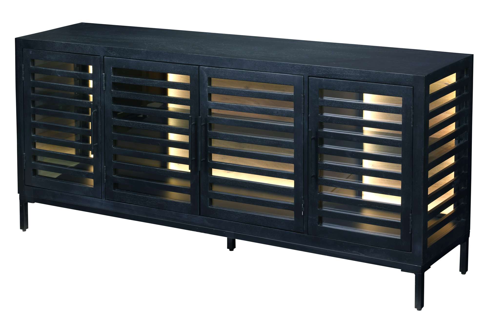 Dark wood sideboard with slatted doors, metal legs, and warm interior lighting for modern storage and display