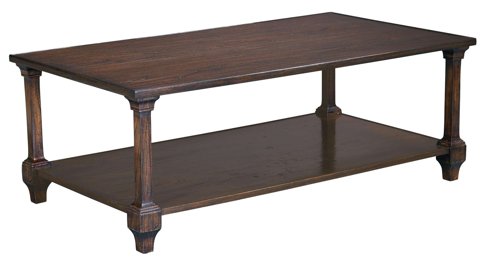 Rectangle coffee table with dark wood finish, carved legs, and lower shelf for additional storage and display space