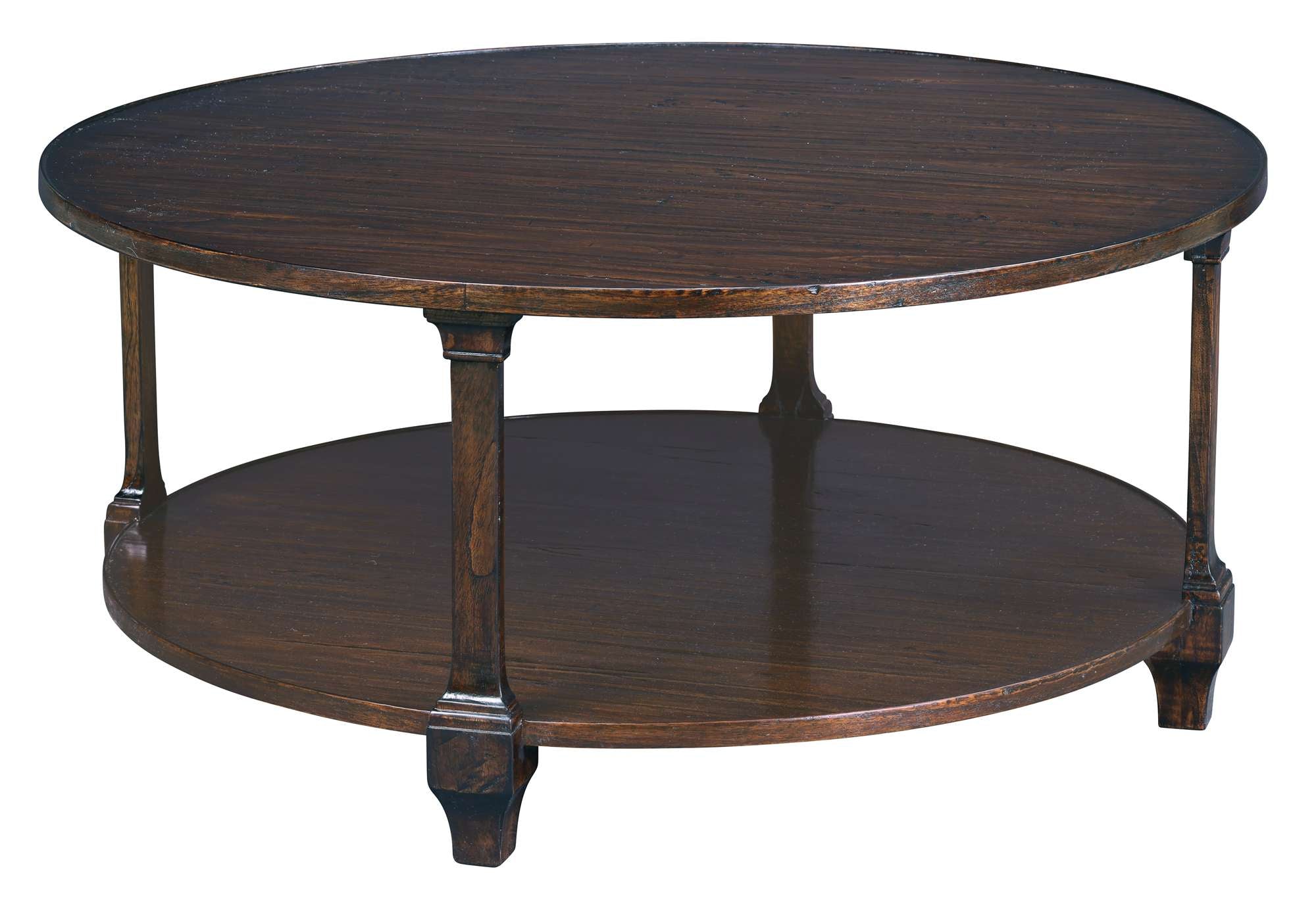 Round coffee table with dark wood finish, double-tier design, and carved square legs for classic style and storage