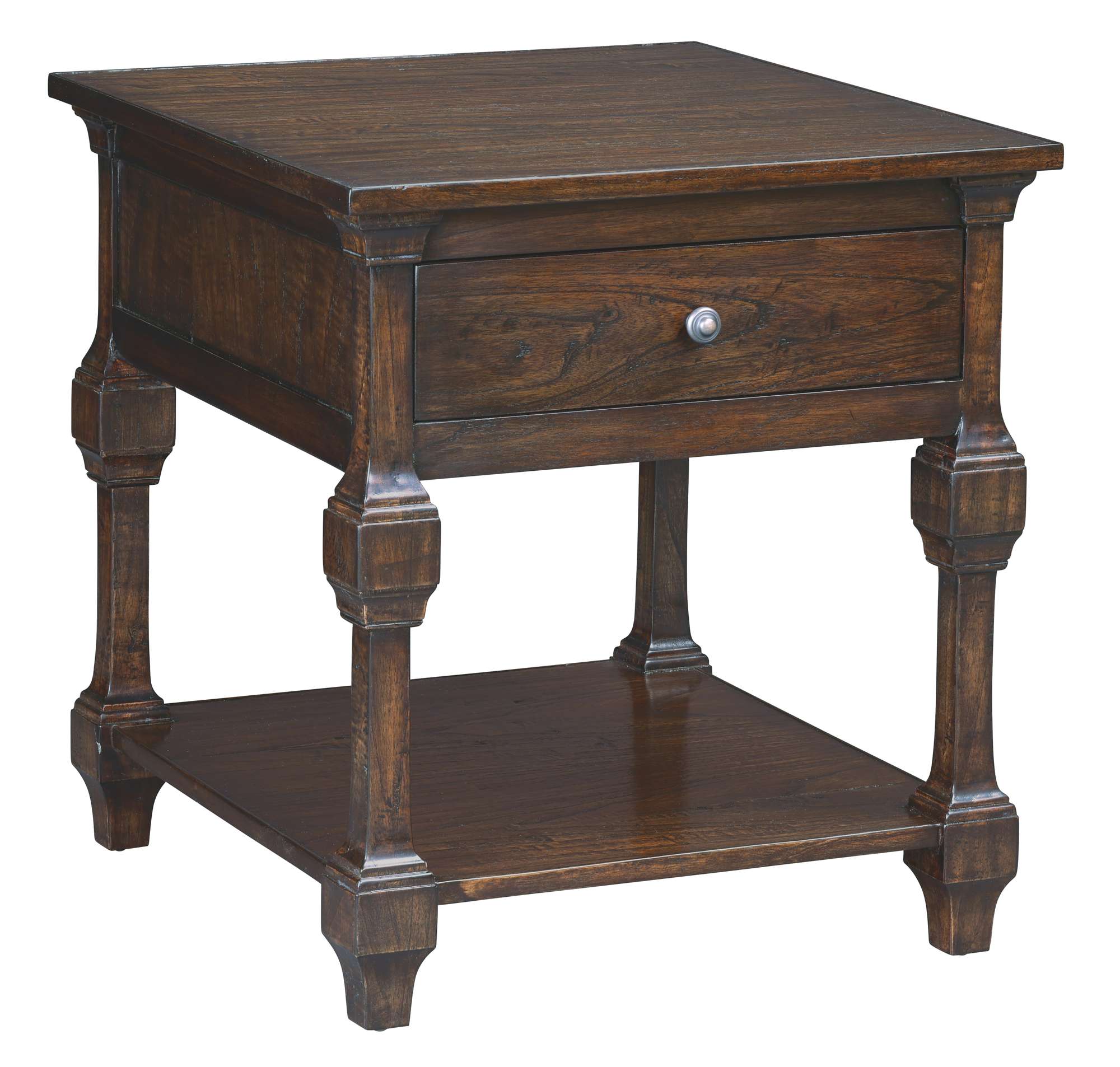 Square wooden end table with drawer and lower shelf featuring carved legs and dark finish