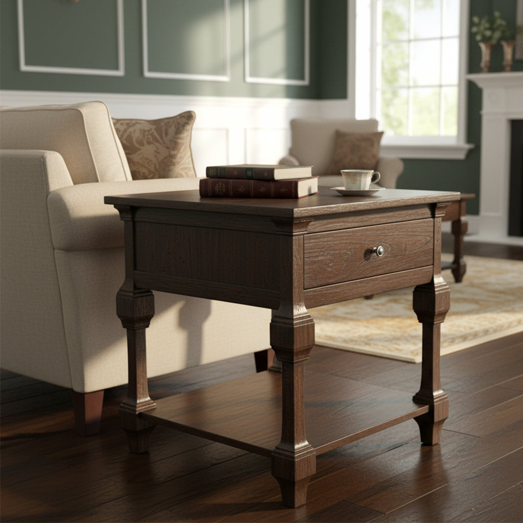 Wooden end table with drawer, carved legs, lower shelf, and classic dark finish in cozy living room setting