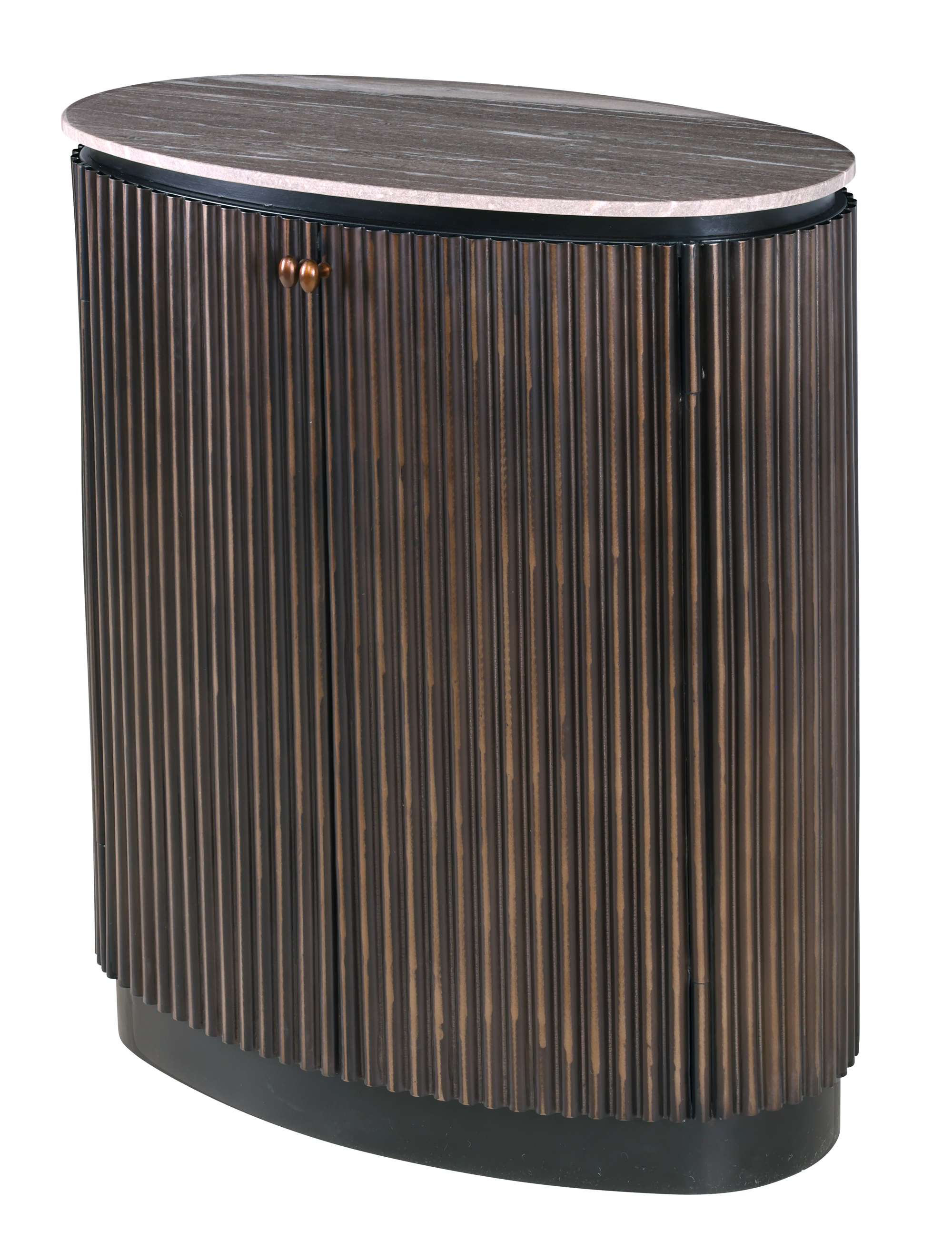 Two door cabinet with curved dark ribbed wood design, oval marble top, and small round brass knobs for storage