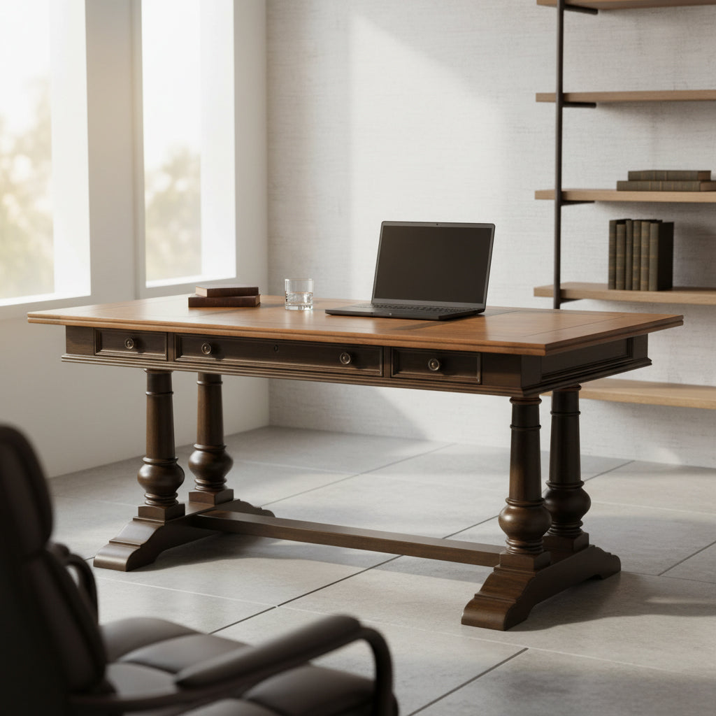 Desk with select wood solids and veneers, blind-tooled leather inset top, two side drawers, antique brass hardware, and sturdy turned legs