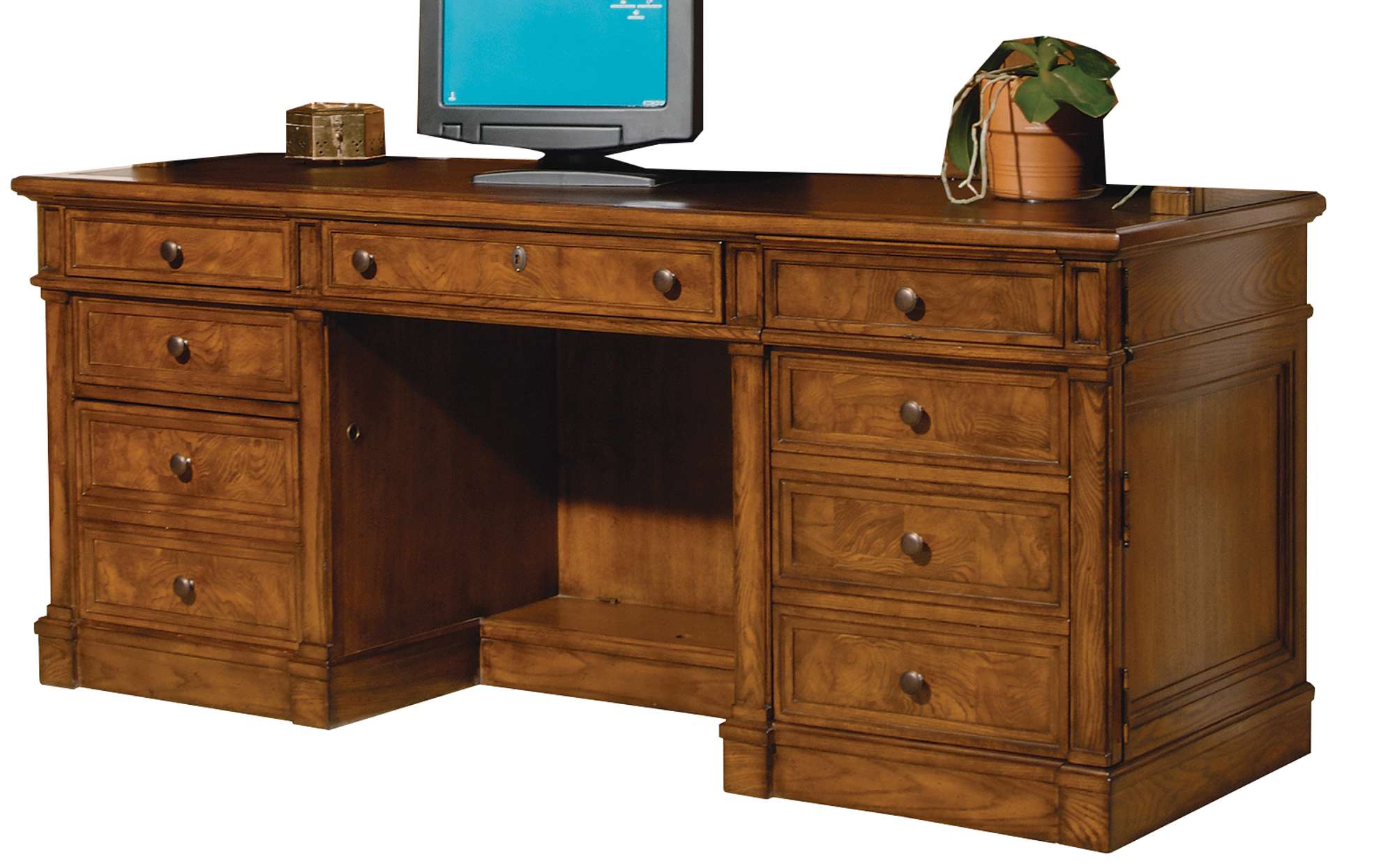 Urban Ash Burl Executive Credenza with leather top, multiple drawers, pull-out shelves, writing surface, and floor levelers
