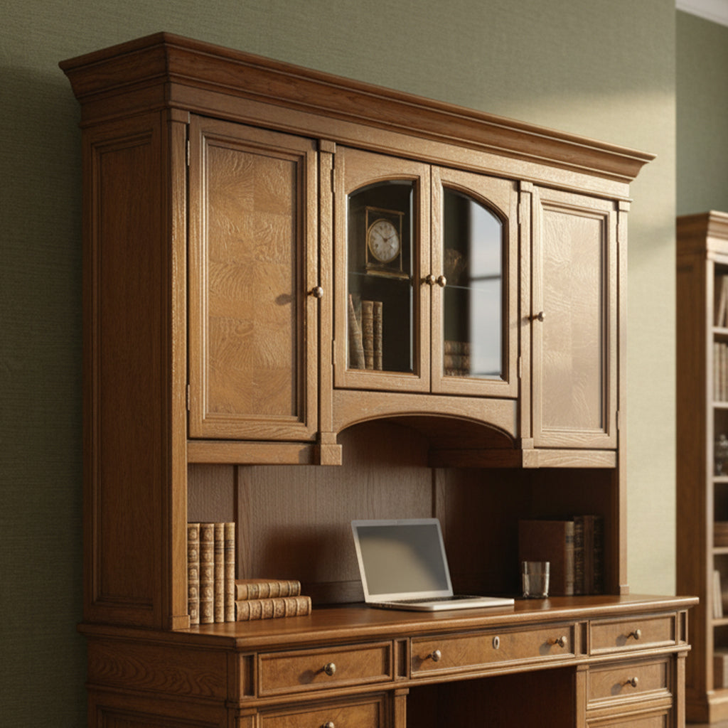 Urban Ash Burl Executive Desk hutch with parquet pattern doors, beveled glass center doors, and adjustable shelves inside