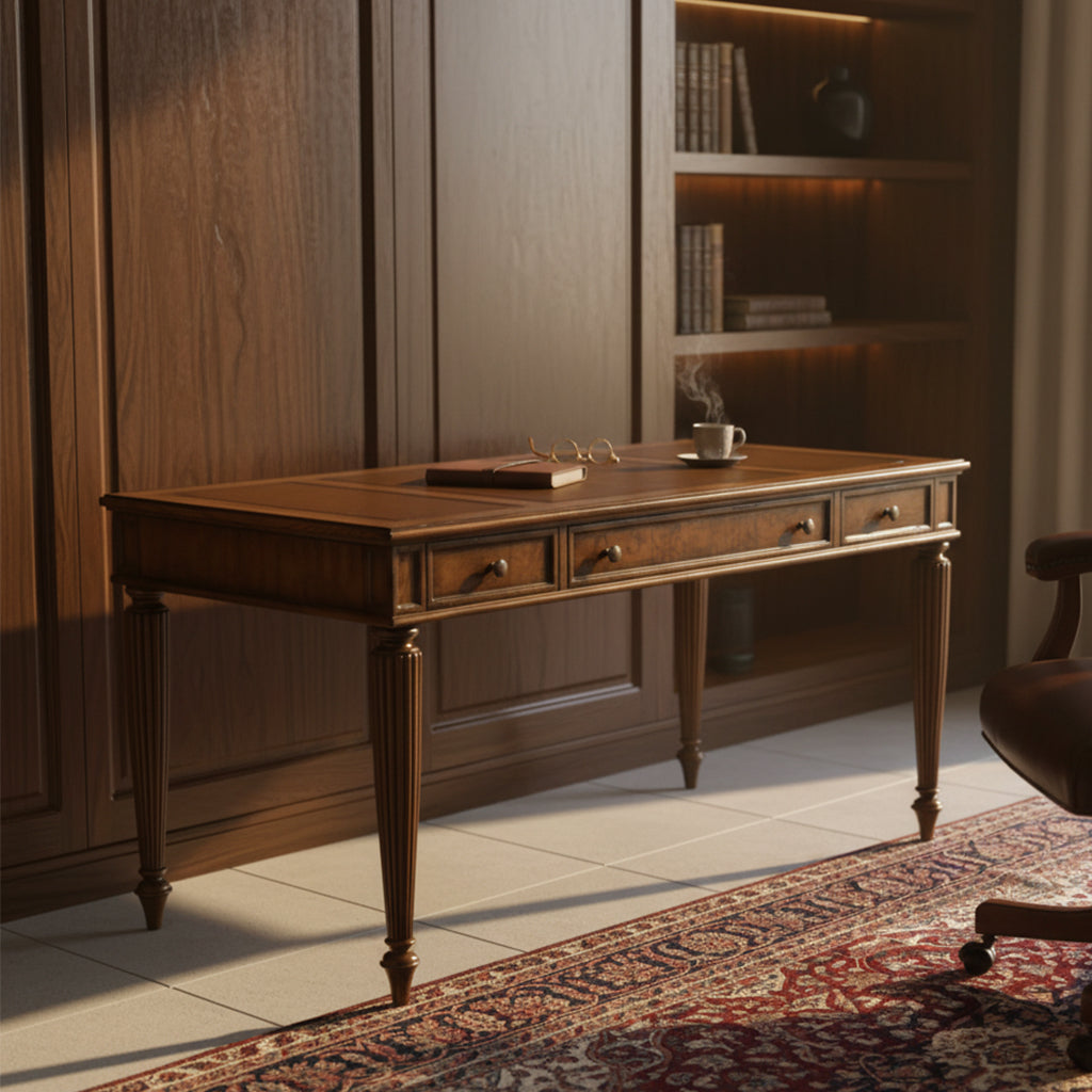 Urban Ash Burl desk with brown leather top, three drawers, full extension slides, and classic carved legs