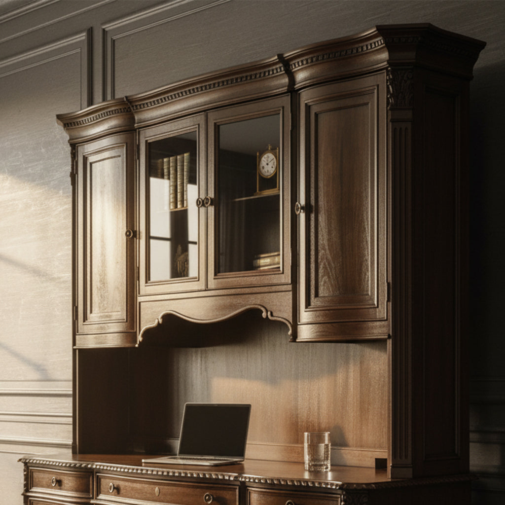 Old World Walnut Burl executive deck with burl and flat cut walnut veneers, beveled glass doors, and adjustable shelves