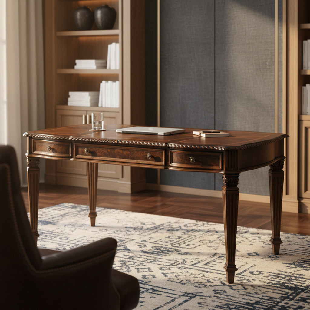 Old World Walnut Burl Desk with select solids, walnut veneer top, three drawers, full extension slides, and carved legs