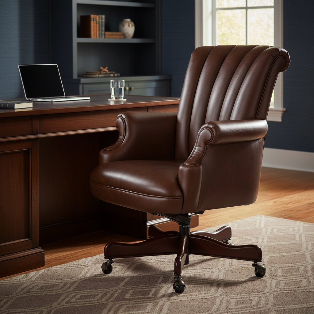 Executive office chair with genuine leather upholstery, ribbed back, five-point wood base with casters, and pneumatic lift mechanism