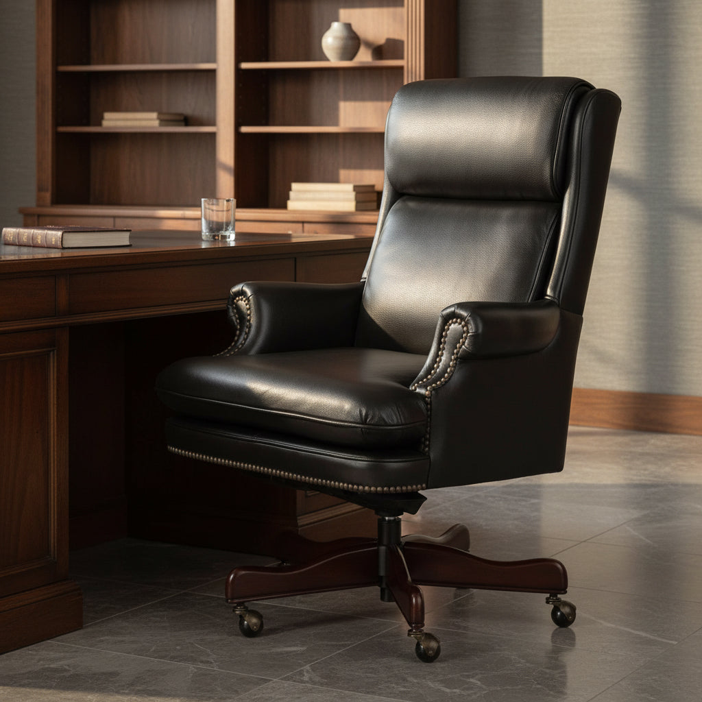 Executive office chair with genuine black leather, antique brass nailhead trim, and five-point wood base with casters