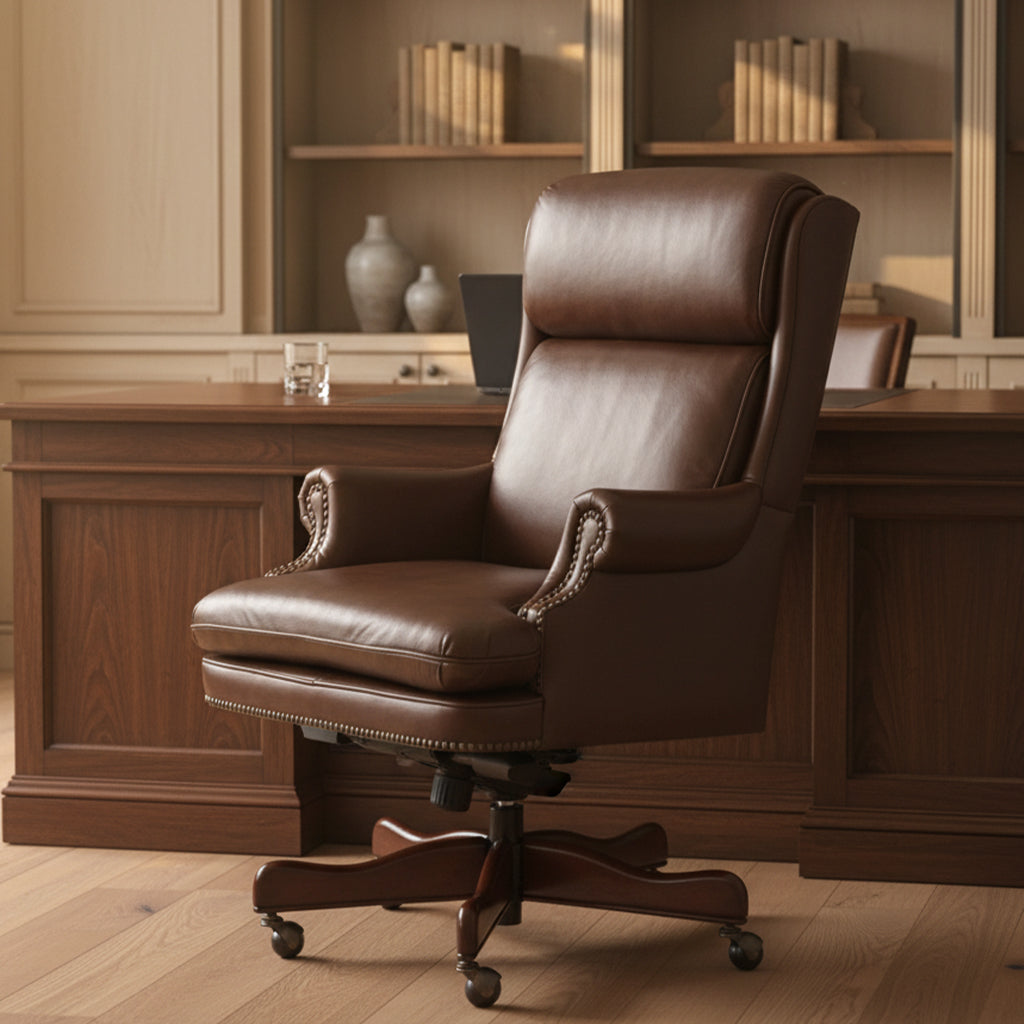 Executive office chair with genuine brown leather, antique brass nailhead trim, five-point wood base, and casters
