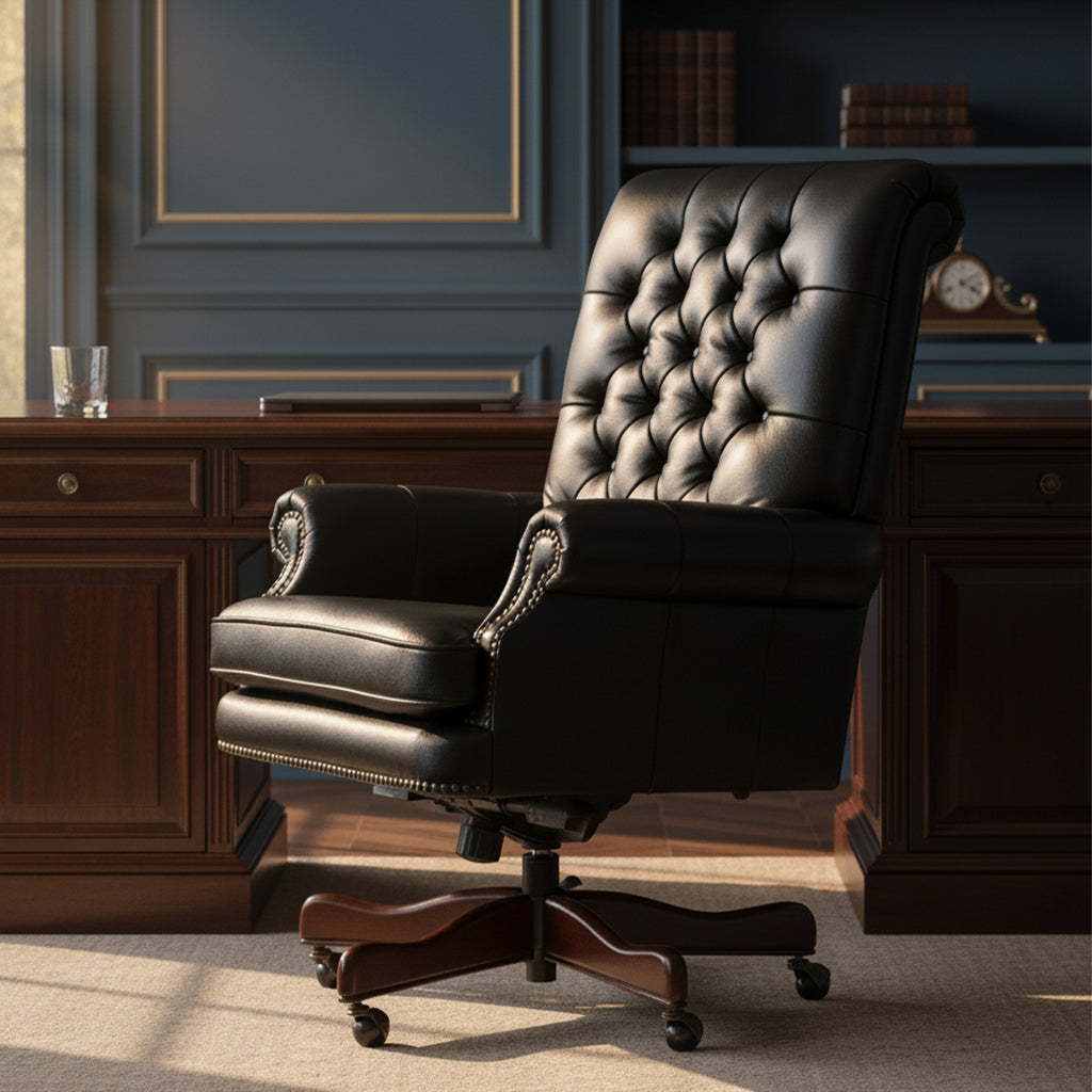 Executive office chair with genuine black leather, diamond tufted back, antique brass nailhead trim, and five-point wood base with casters