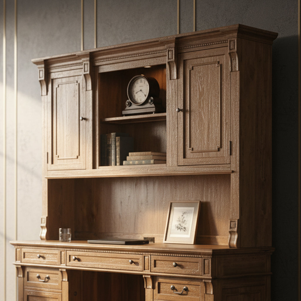 Wellington Hall Office Executive Desk with acacia wood, two doors with shelves, open bookcase, decorative brass hardware, and detailed molding