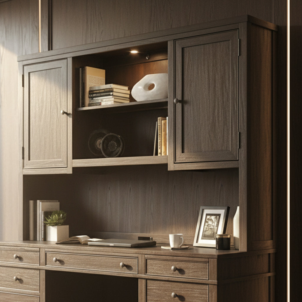 Urban Executive Deck with select veneer and solids, two doors, adjustable shelves, illuminated center bookcase, and task lighting