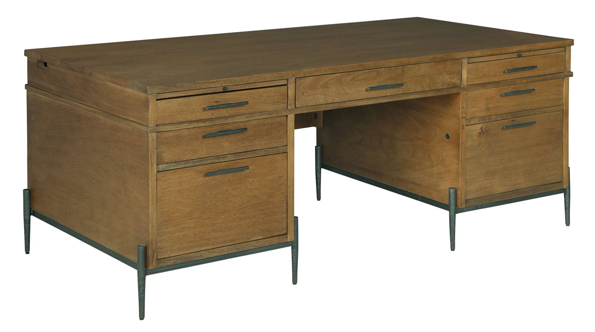 Executive desk with solid mango wood top, four box drawers, two file drawers, and metal slide hardware