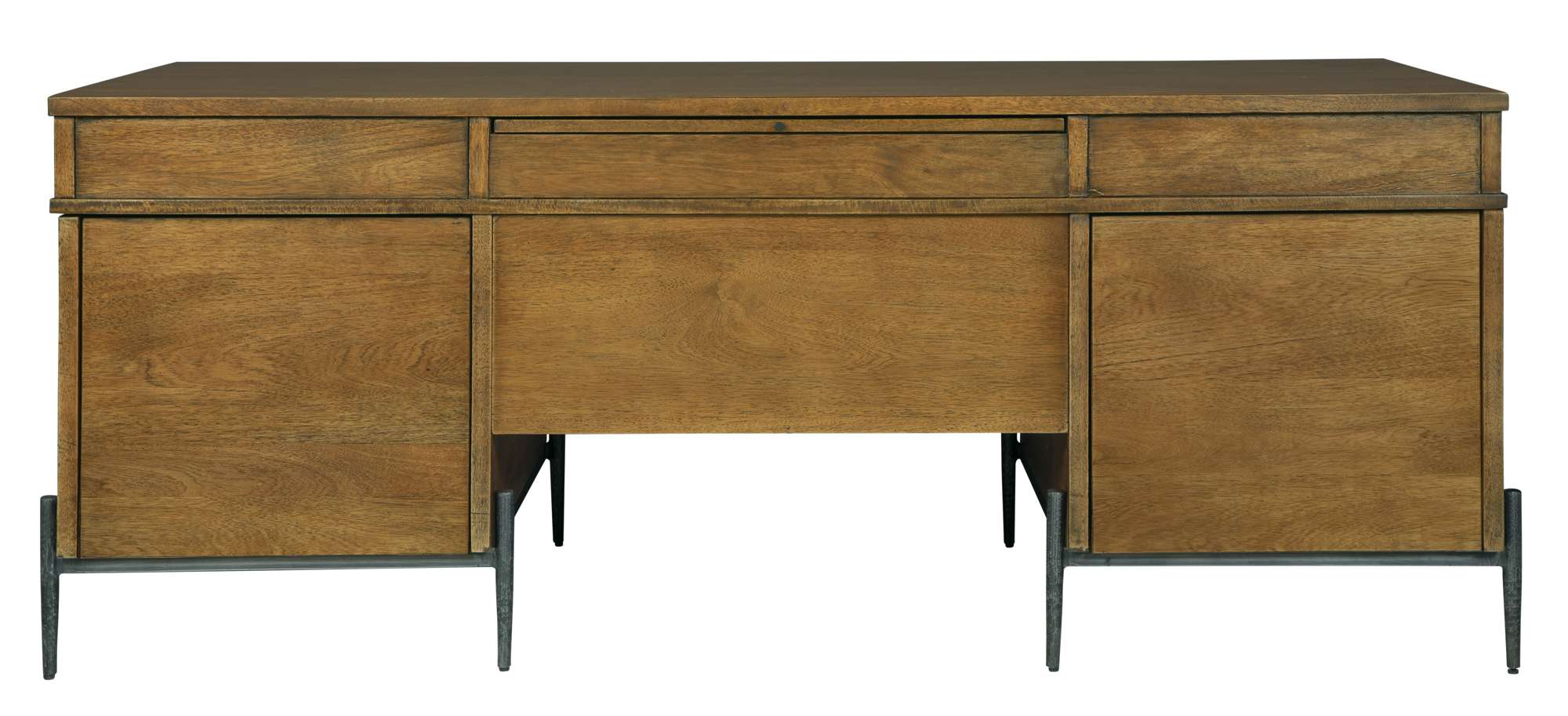 Executive desk with solid Mango wood top, four box drawers, two file drawers, and drop-front laptop storage drawer
