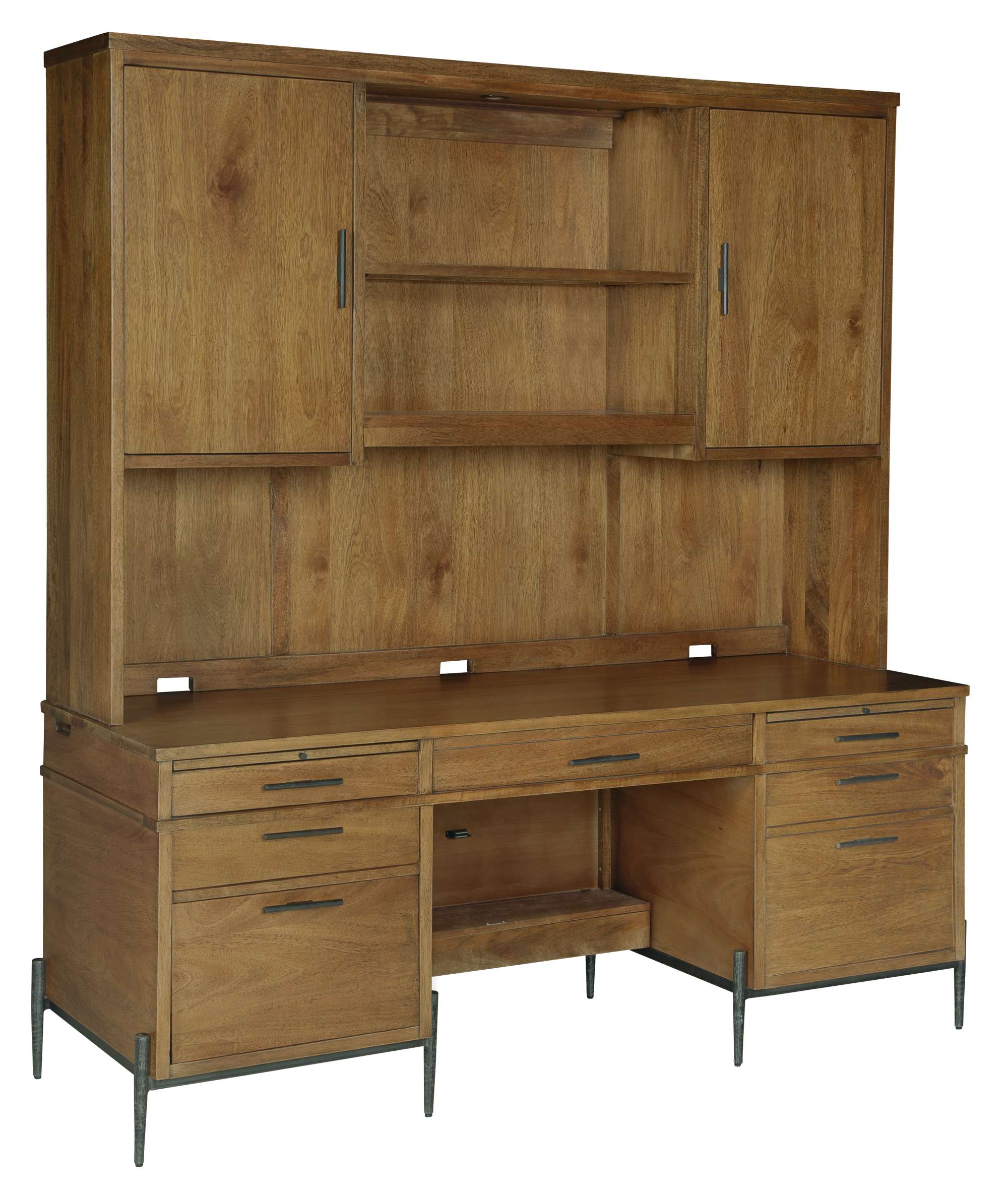 Bedford Park Executive Desk with solid mango wood, storage cabinets, adjustable shelves, and metal handles in modern design