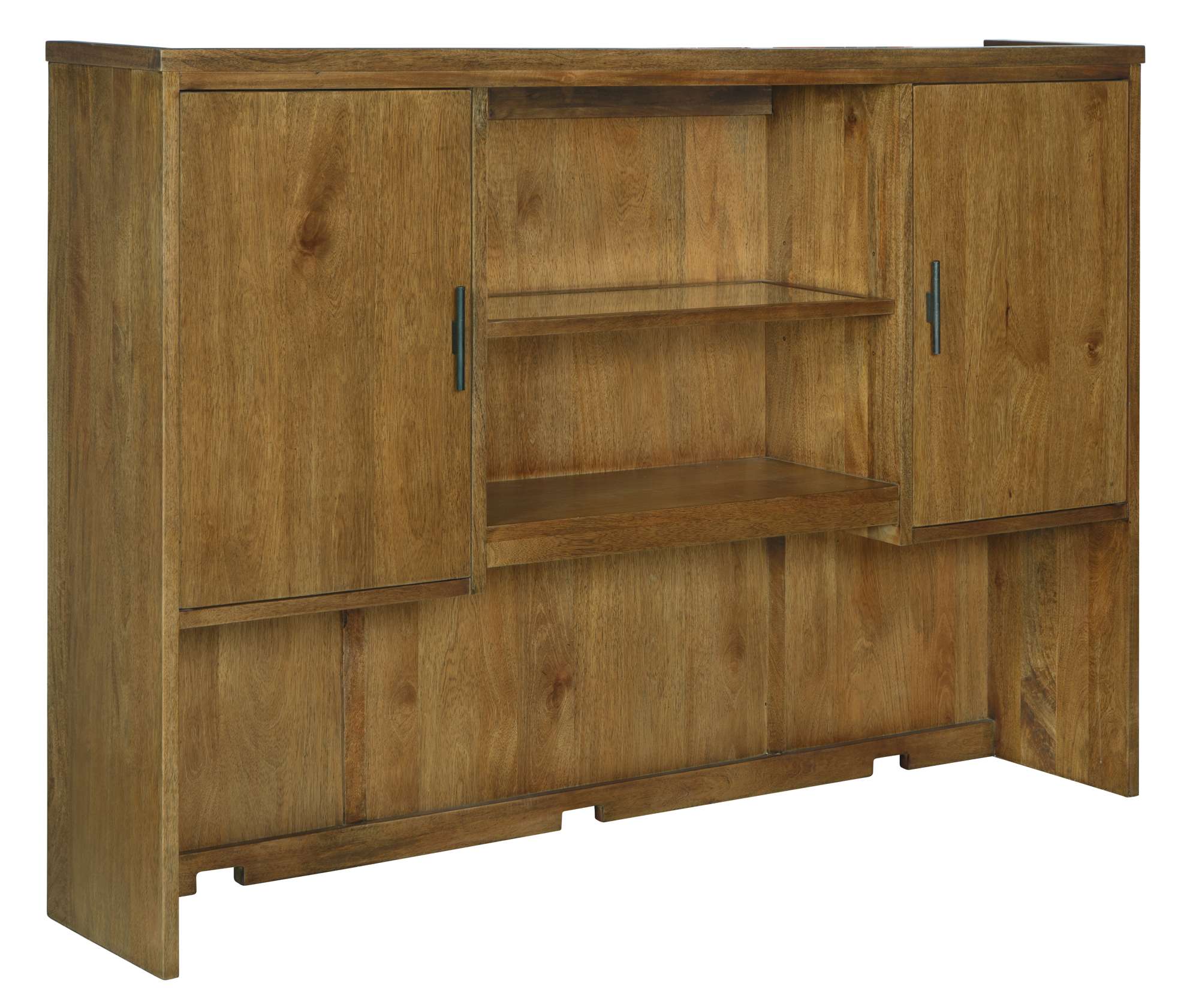 Executive deck with two doors, adjustable shelves, illuminated center with glass shelf, solid mango wood finish, and wire management